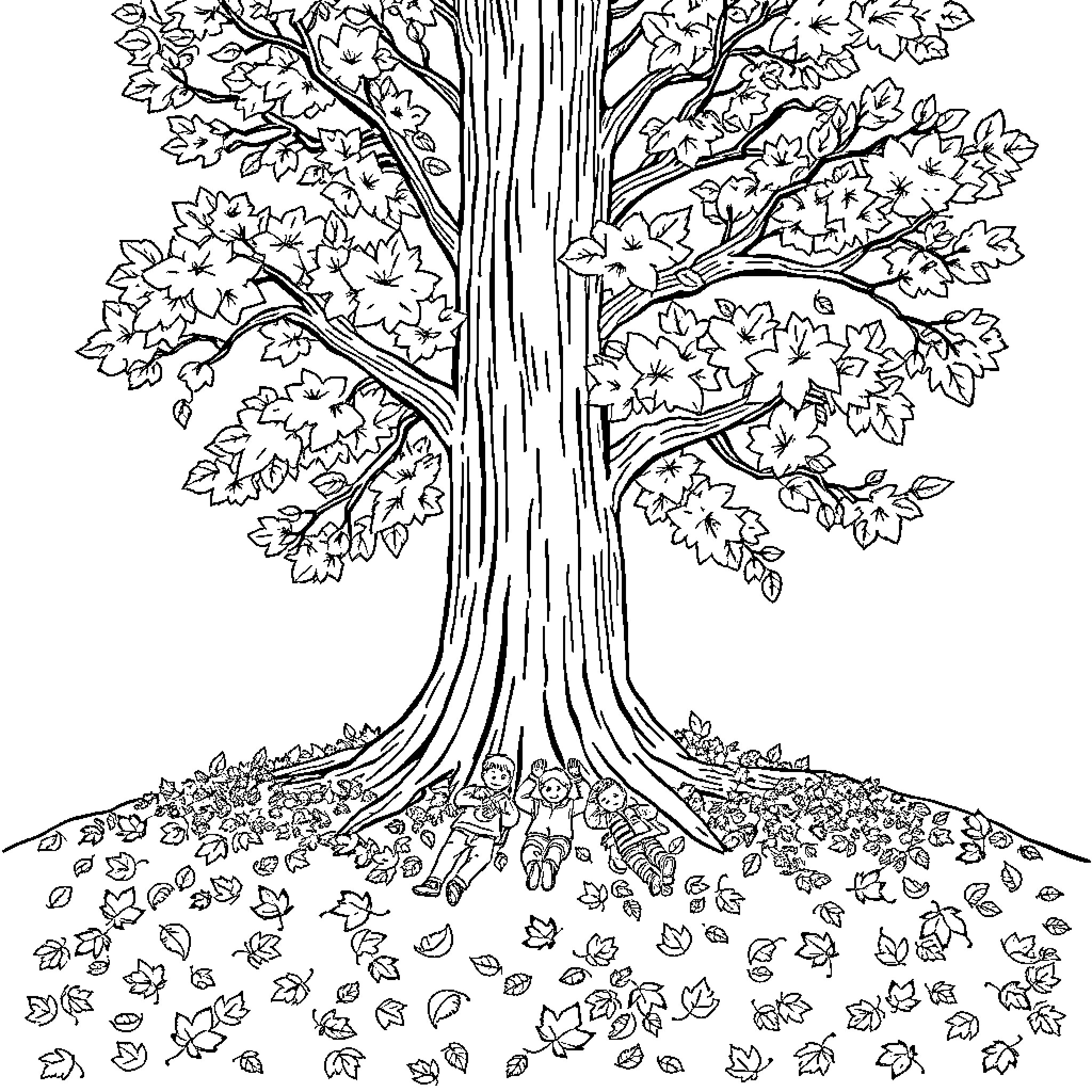 Tree with detailed leaves and branches Coloring Page (free black-and-white line drawing printable PDF for all, from beginners to advanced learners, including children, teens, adults, and seniors)
