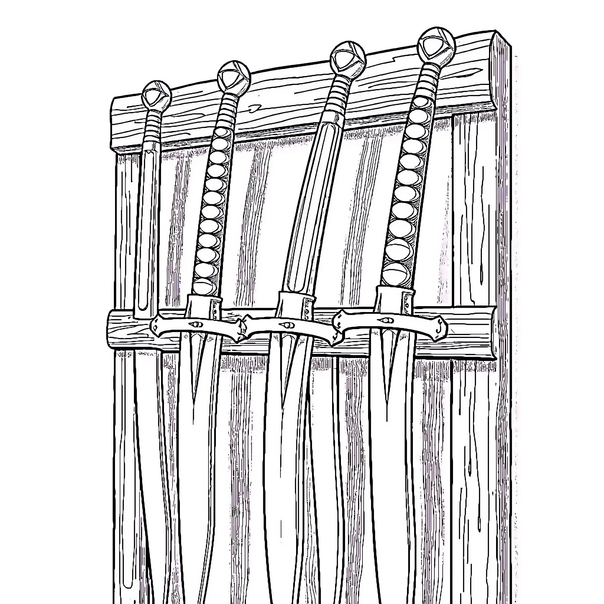 Sword display with ornate hilts Coloring Page (free black-and-white line drawing printable PDF for all, from beginners to advanced learners, including children, teens, adults, and seniors)