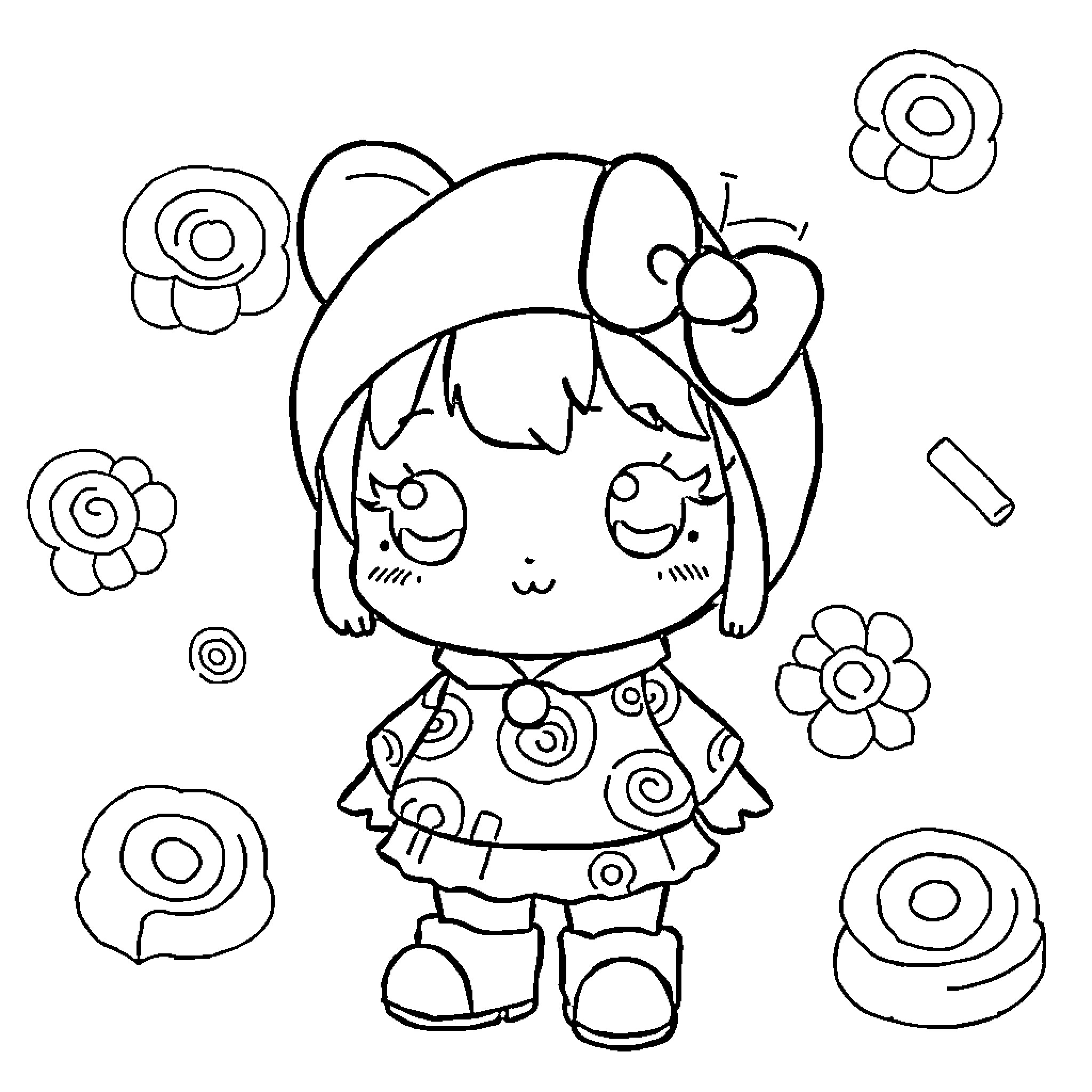 Rumi's Whimsical Floral Adventure Coloring Page (free black-and-white line drawing printable PDF for all, from beginners to advanced learners, including children, teens, adults, and seniors)