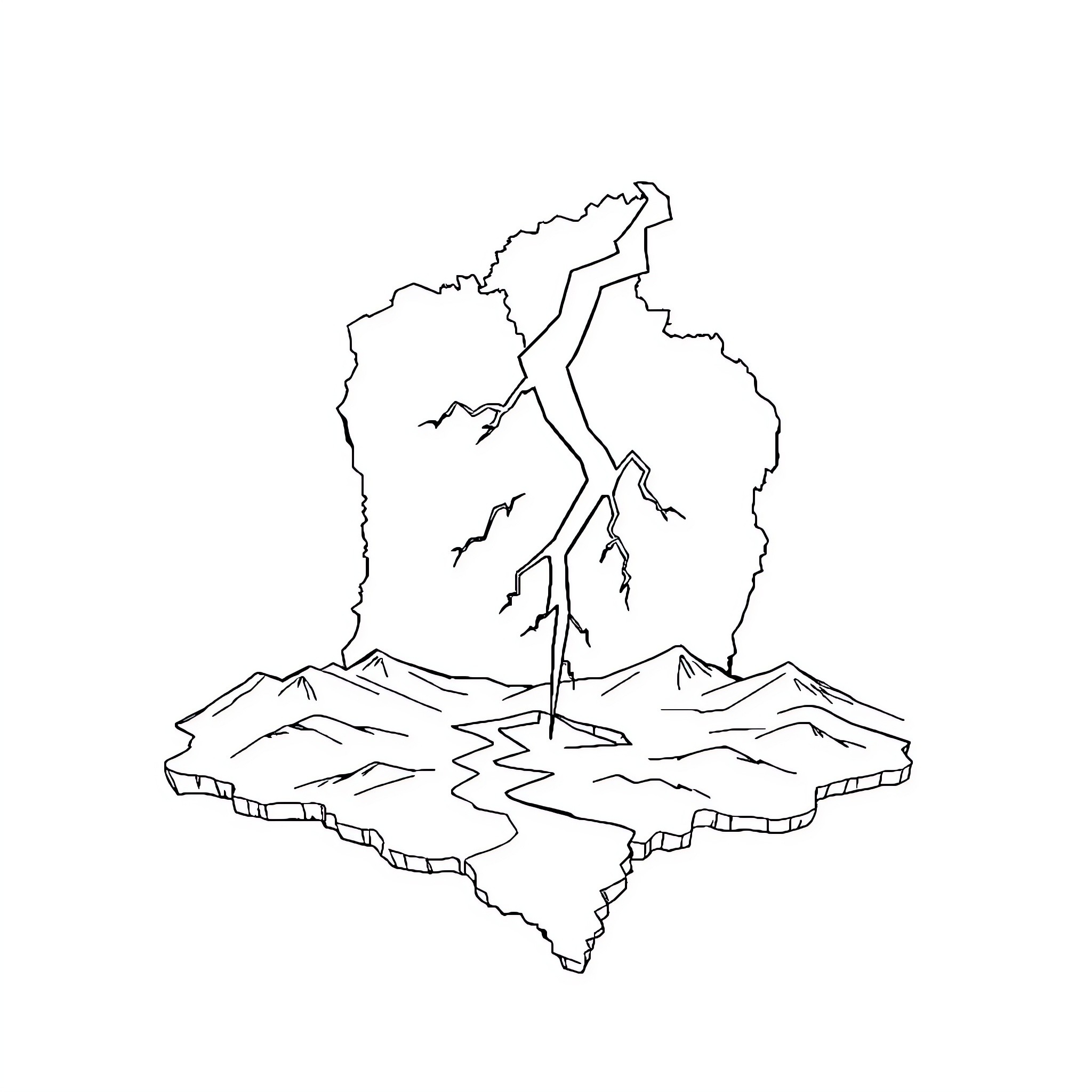 Lightning Bolt striking dramatic mountain landscape Coloring Page (free black-and-white line drawing printable PDF for all, from beginners to advanced learners, including children, teens, adults, and seniors)