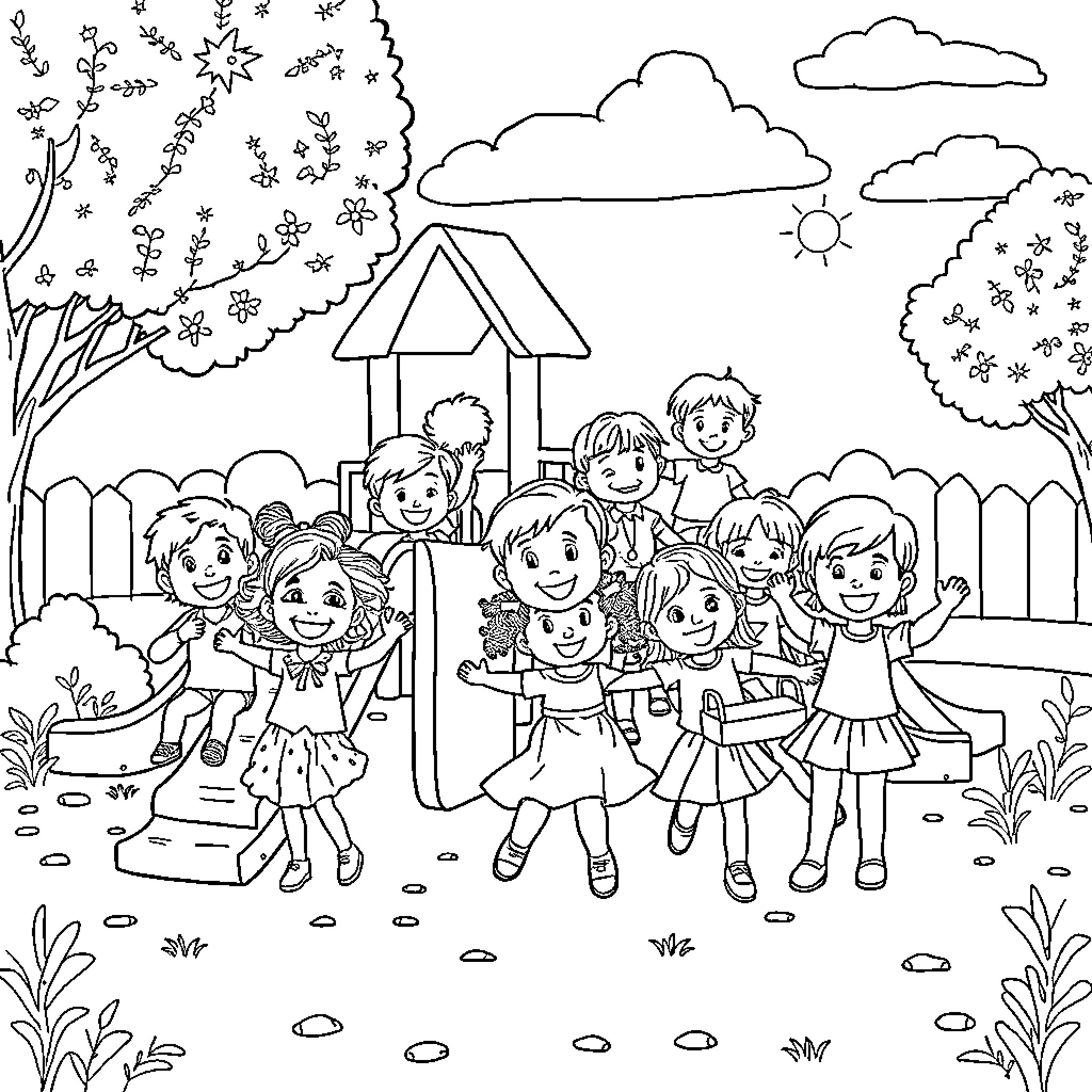 Kid's Joyful Outdoor Adventure Coloring Page (free black-and-white line drawing printable PDF for all, from beginners to advanced learners, including children, teens, adults, and seniors)