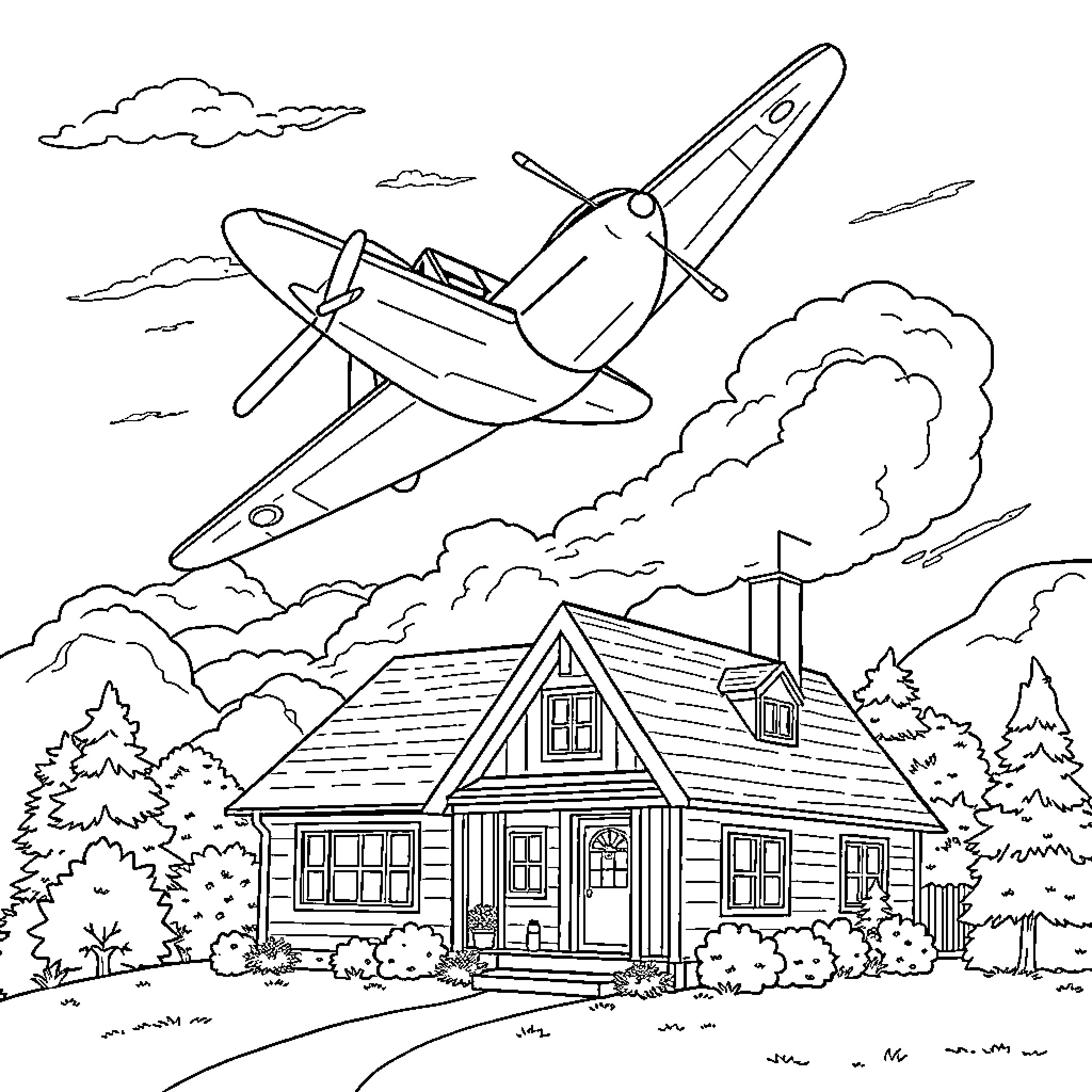 Flying Car soaring over a quaint countryside house Coloring Page (free black-and-white line drawing printable PDF for all, from beginners to advanced learners, including children, teens, adults, and seniors)