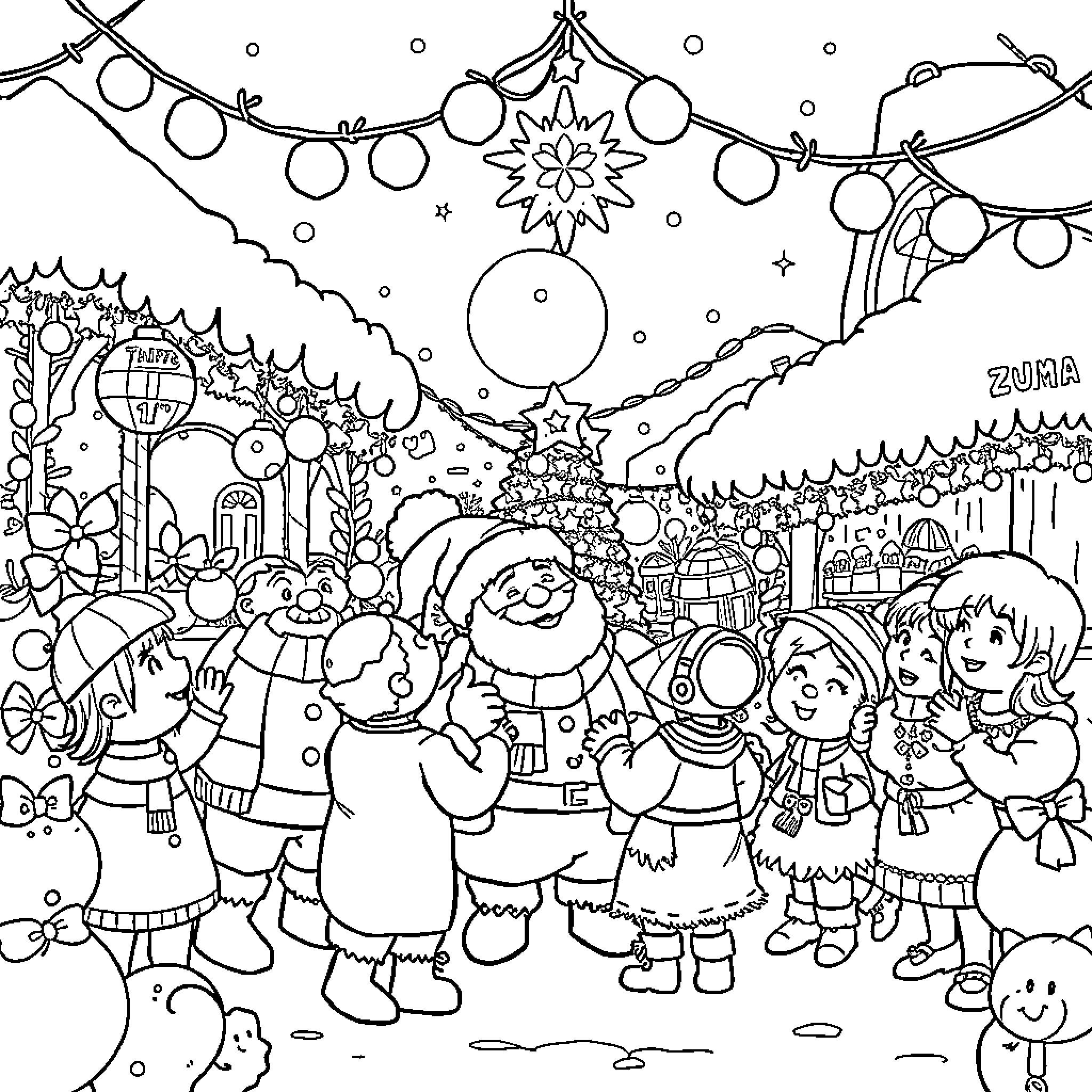 Zuma's Festive Winter Celebration Coloring Page (free black-and-white line drawing printable PDF for all, from beginners to advanced learners, including children, teens, adults, and seniors)