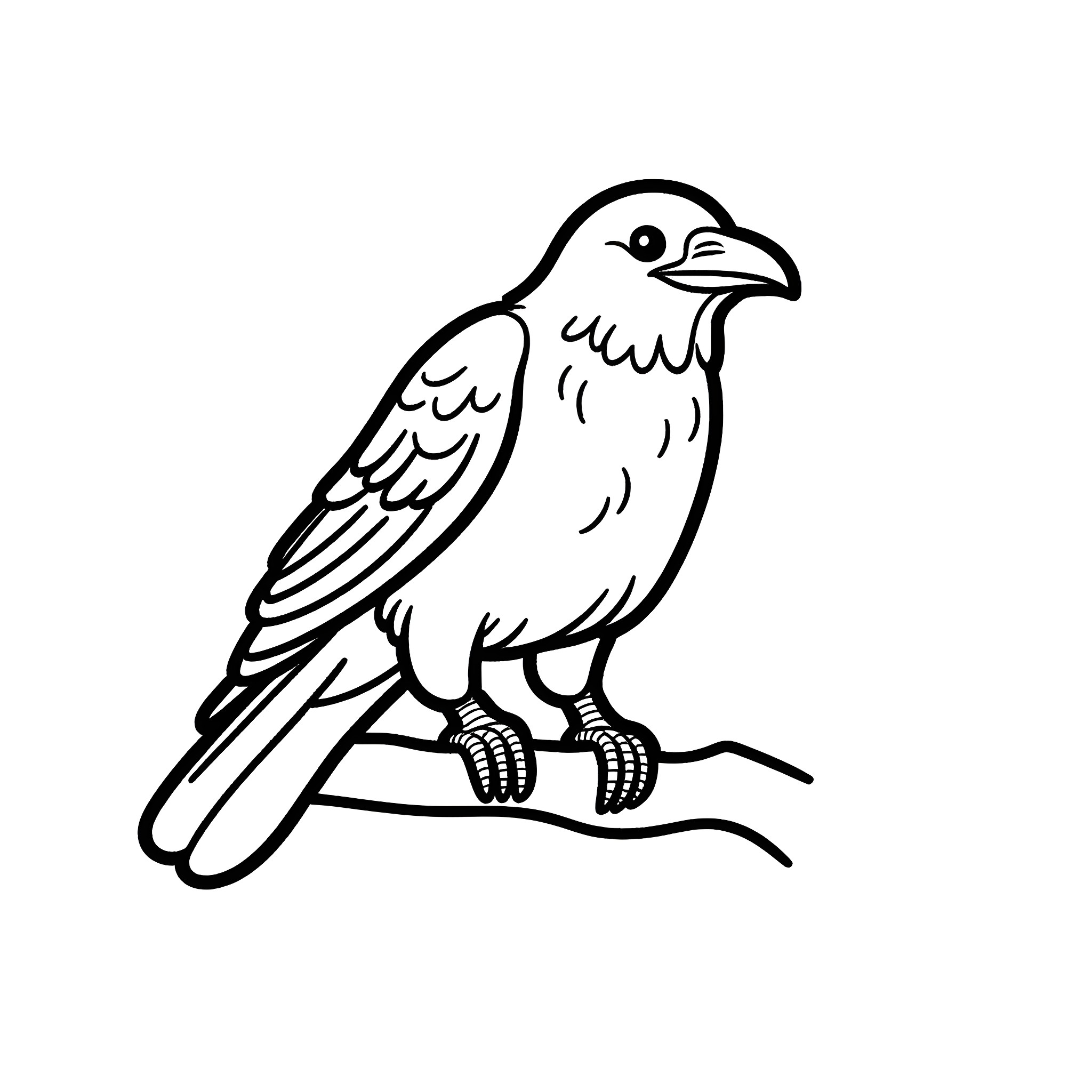 Raven perched on a branch Coloring Page (free black-and-white line drawing printable PDF for all, from beginners to advanced learners, including children, teens, adults, and seniors)