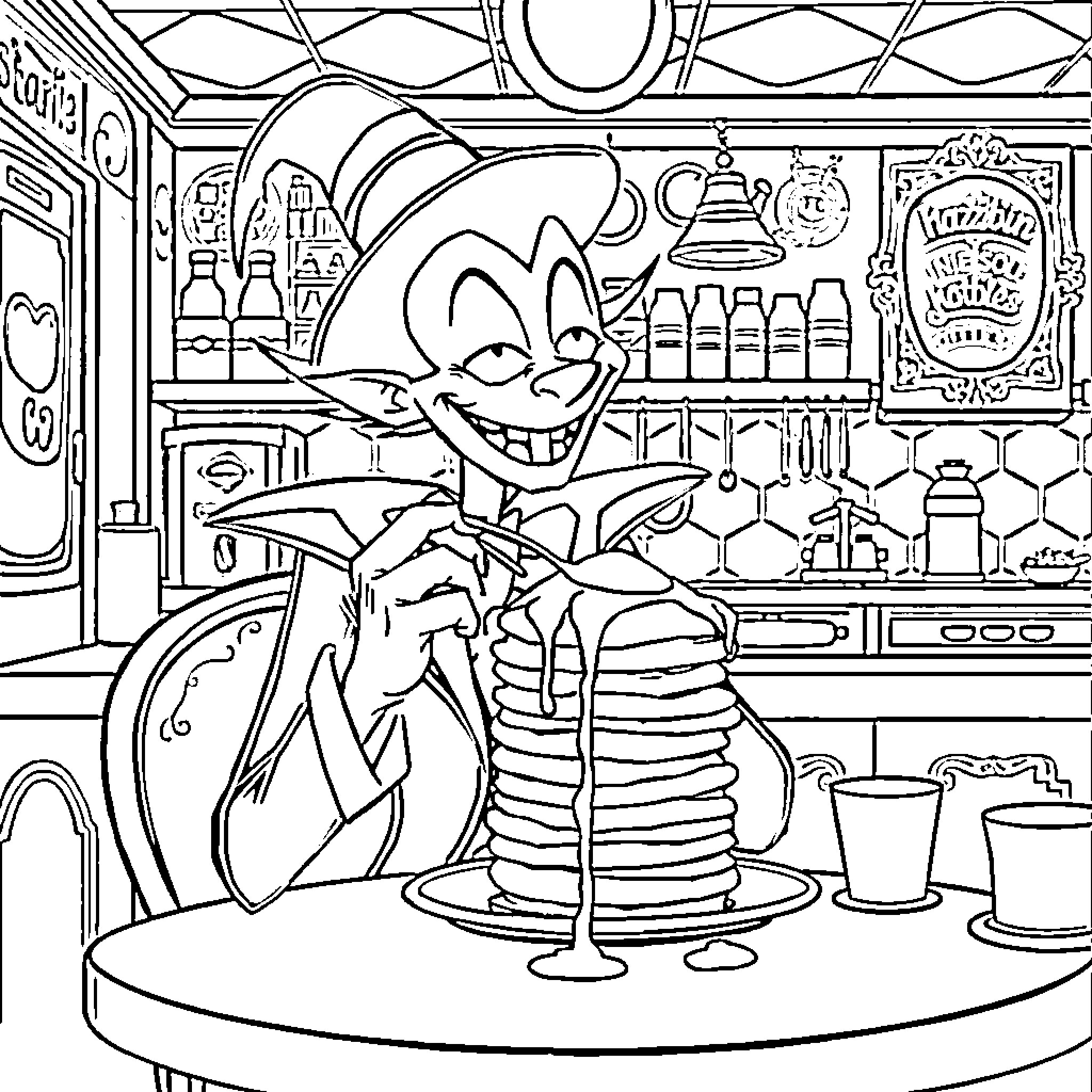 Alastor serving up a stack of pancakes in a diner Coloring Page (free black-and-white line drawing printable PDF for all, from beginners to advanced learners, including children, teens, adults, and seniors)