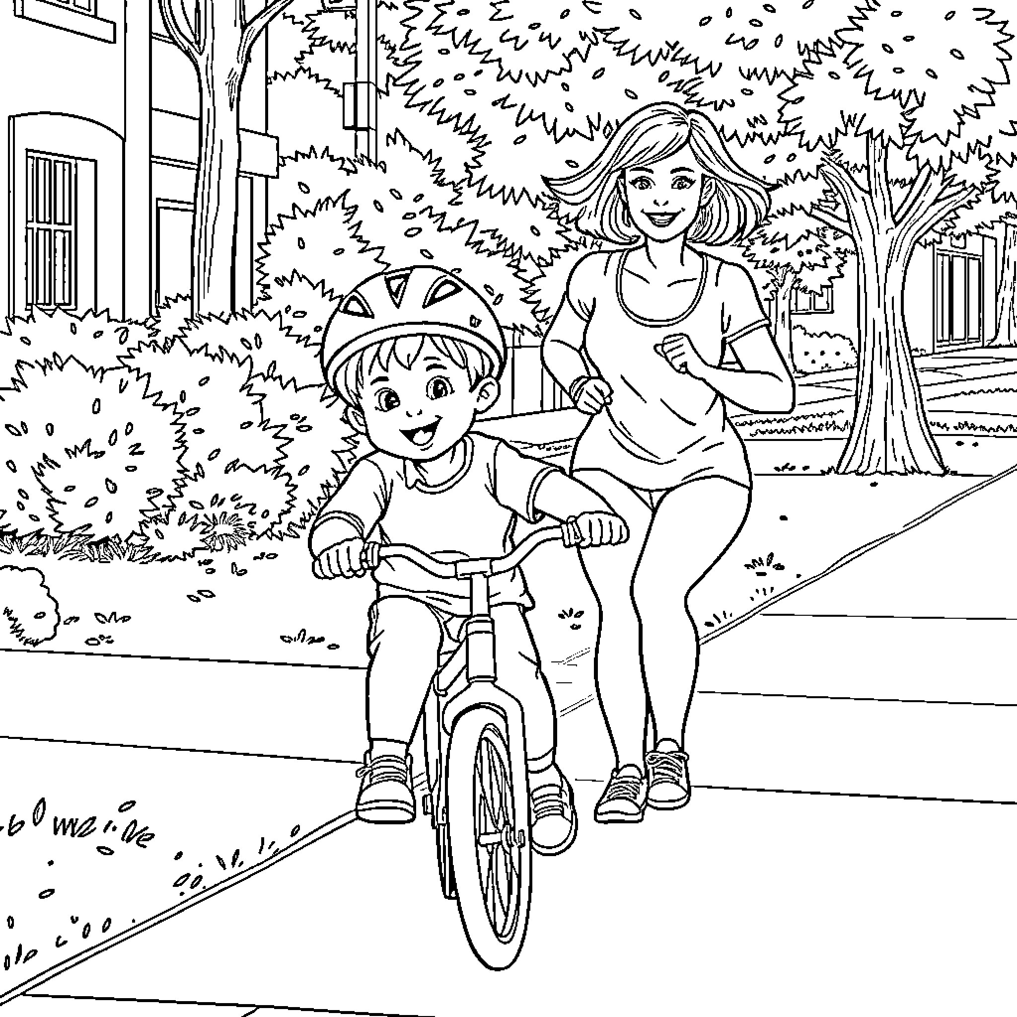 Boy riding bike with mother in park Coloring Page (free black-and-white line drawing printable PDF for all, from beginners to advanced learners, including children, teens, adults, and seniors)