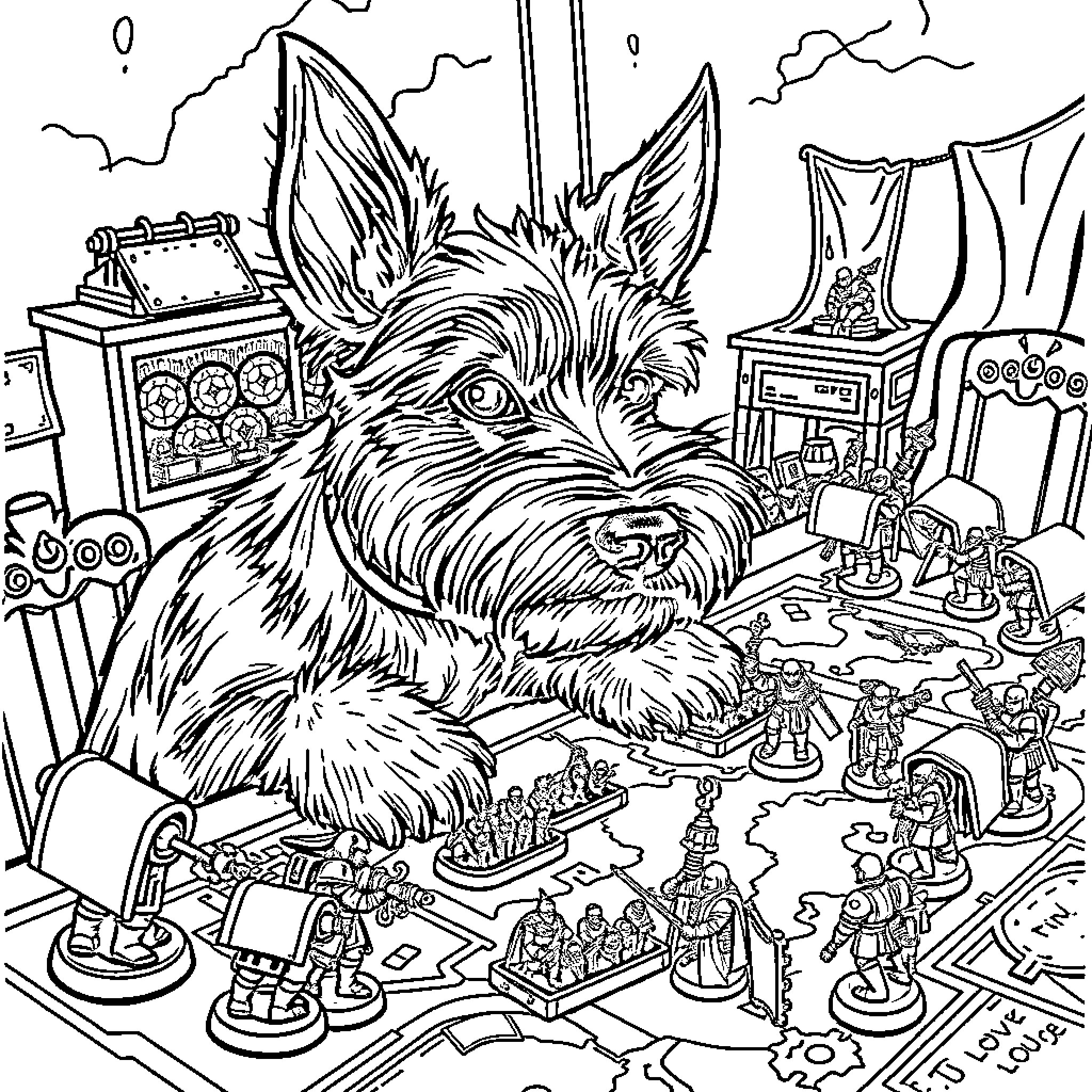 Schnauzer amidst a whimsical and cluttered scene Coloring Page (free black-and-white line drawing printable PDF for all, from beginners to advanced learners, including children, teens, adults, and seniors)