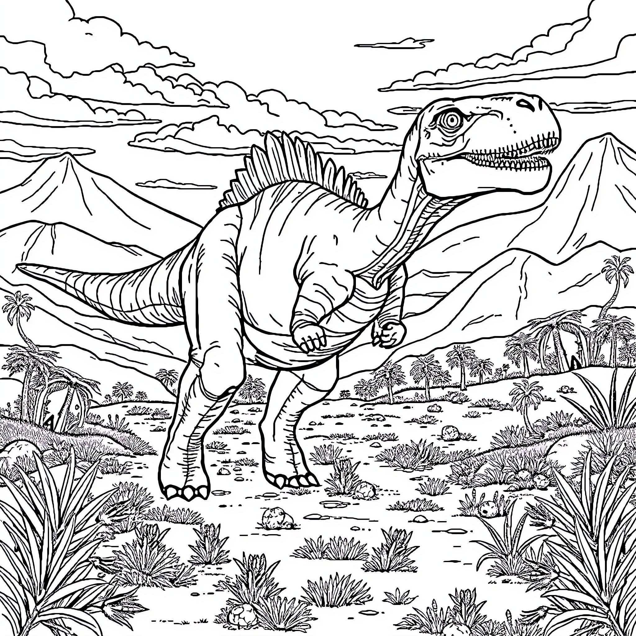 Dinosaur exploring the prehistoric landscape Coloring Page (free black-and-white line drawing printable PDF for all, from beginners to advanced learners, including children, teens, adults, and seniors)