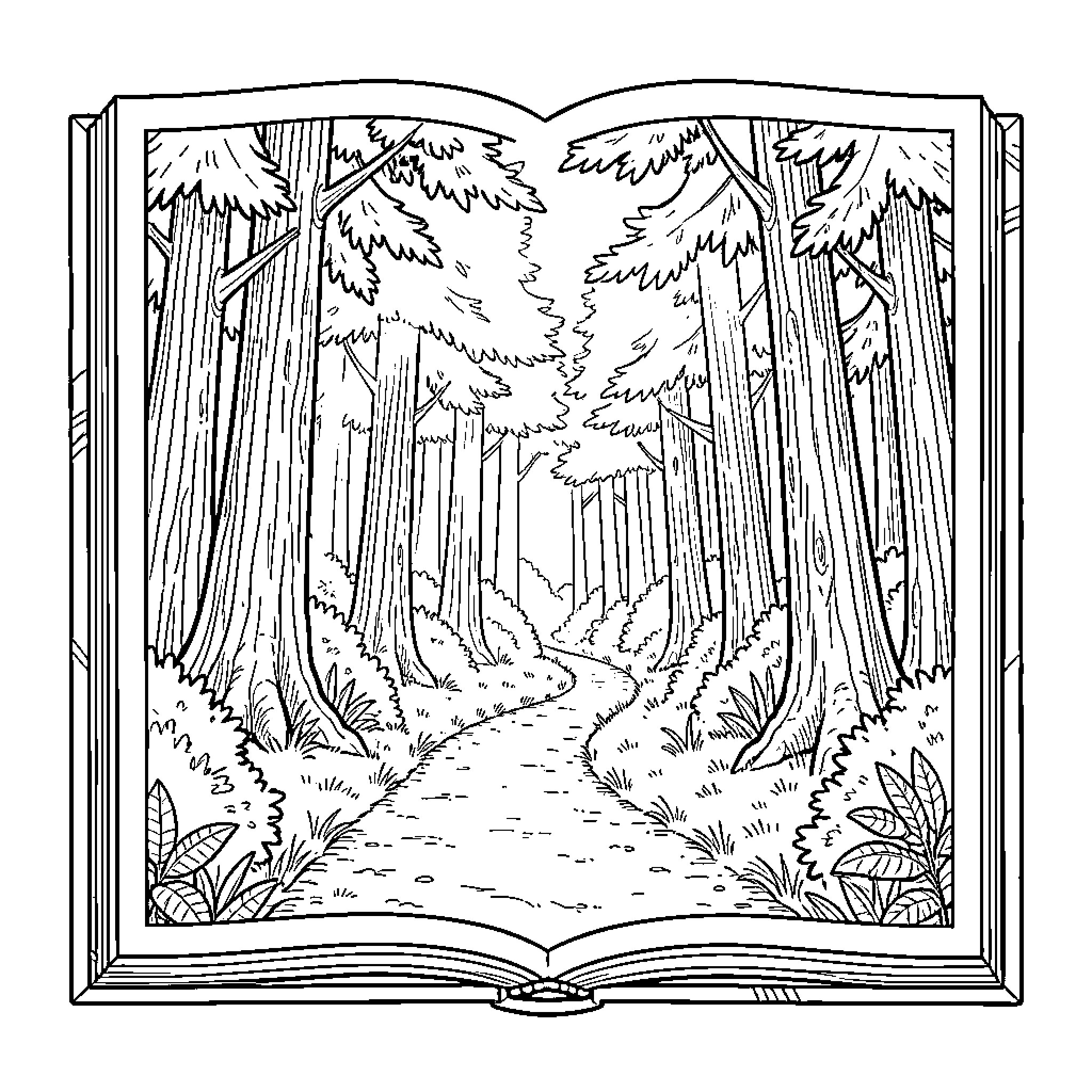 Book of Enchanted Forest Landscape Coloring Page (free black-and-white line drawing printable PDF for all, from beginners to advanced learners, including children, teens, adults, and seniors)