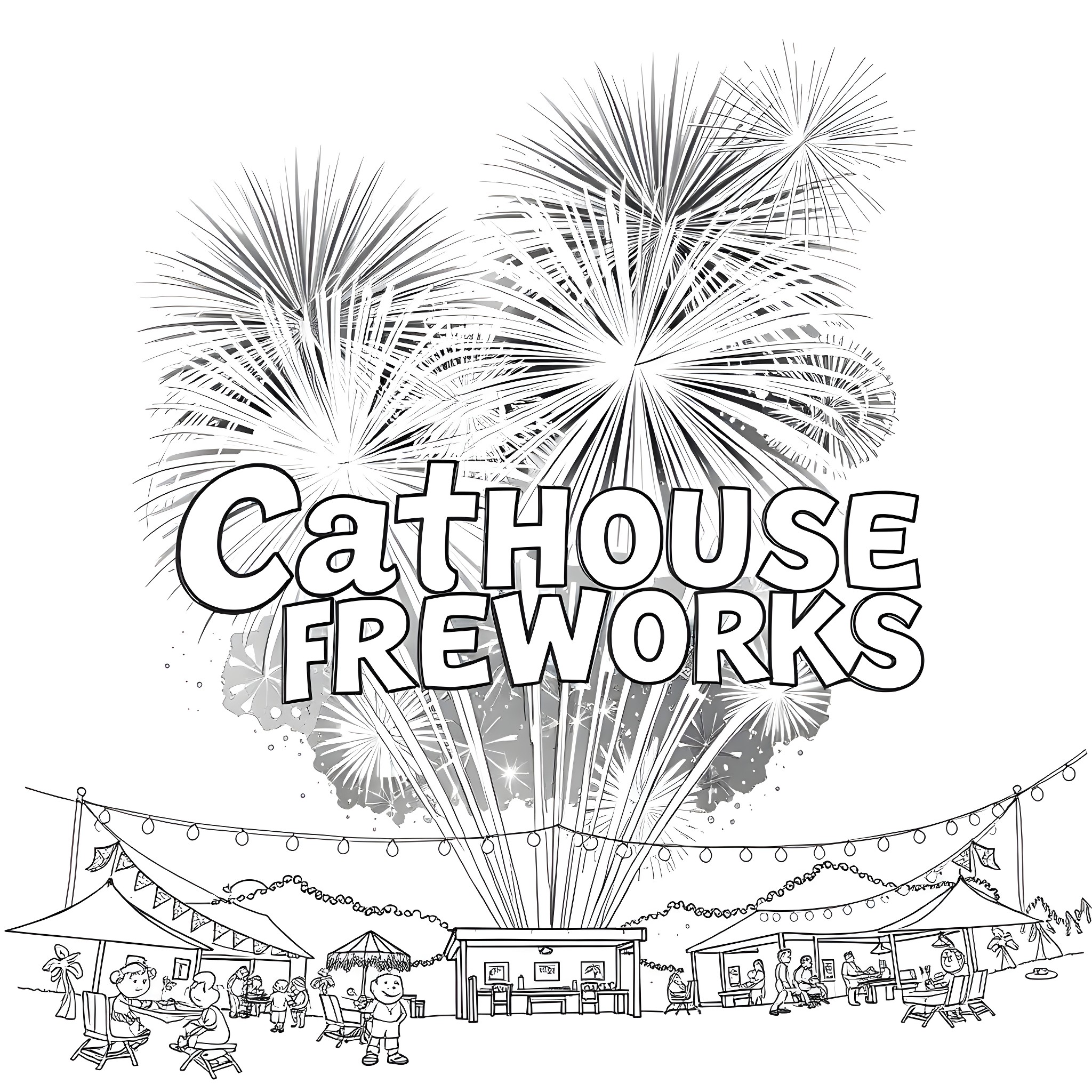 Firework display over a festive cathouse carnival Coloring Page (free black-and-white line drawing printable PDF for all, from beginners to advanced learners, including children, teens, adults, and seniors)
