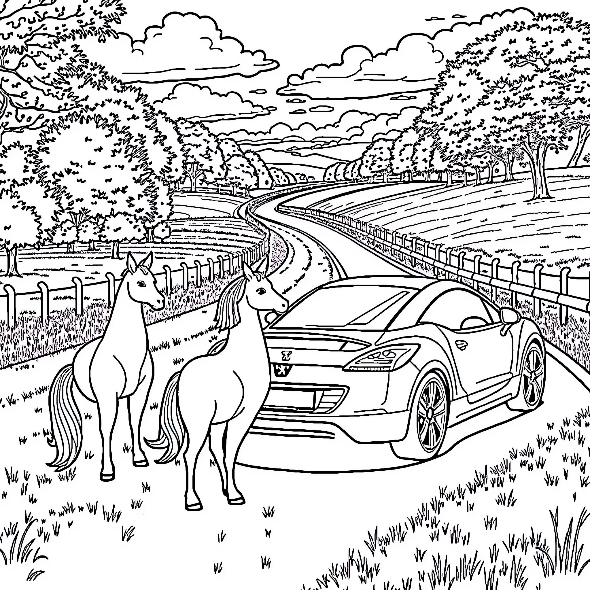 Licorne adventure on the countryside road Coloring Page (free black-and-white line drawing printable PDF for all, from beginners to advanced learners, including children, teens, adults, and seniors)
