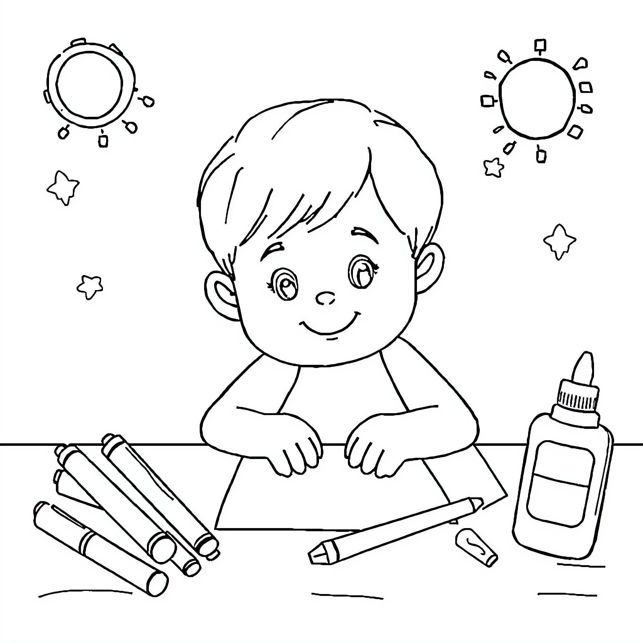 Craft time with a young boy Coloring Page (free black-and-white line drawing printable PDF for all, from beginners to advanced learners, including children, teens, adults, and seniors)
