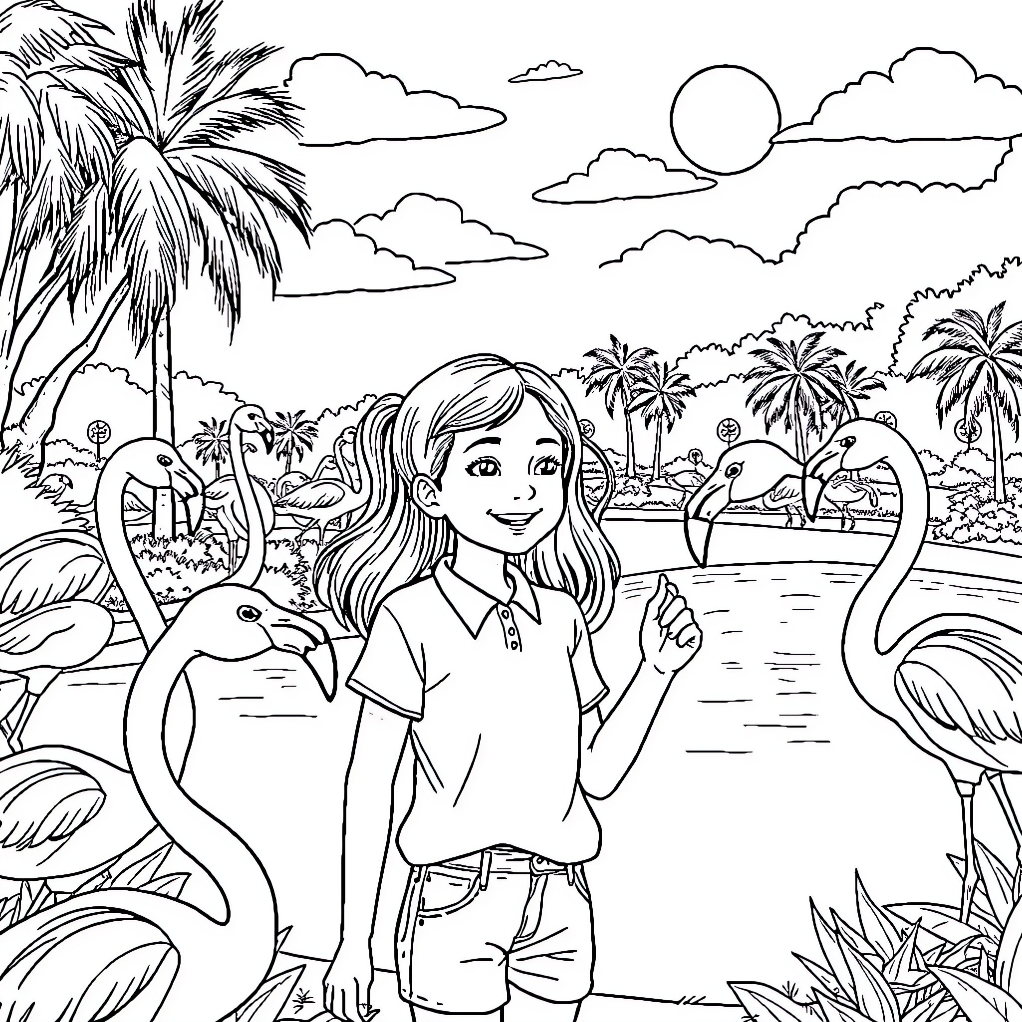 Girl enjoying a tropical paradise with flamingos Coloring Page (free black-and-white line drawing printable PDF for all, from beginners to advanced learners, including children, teens, adults, and seniors)
