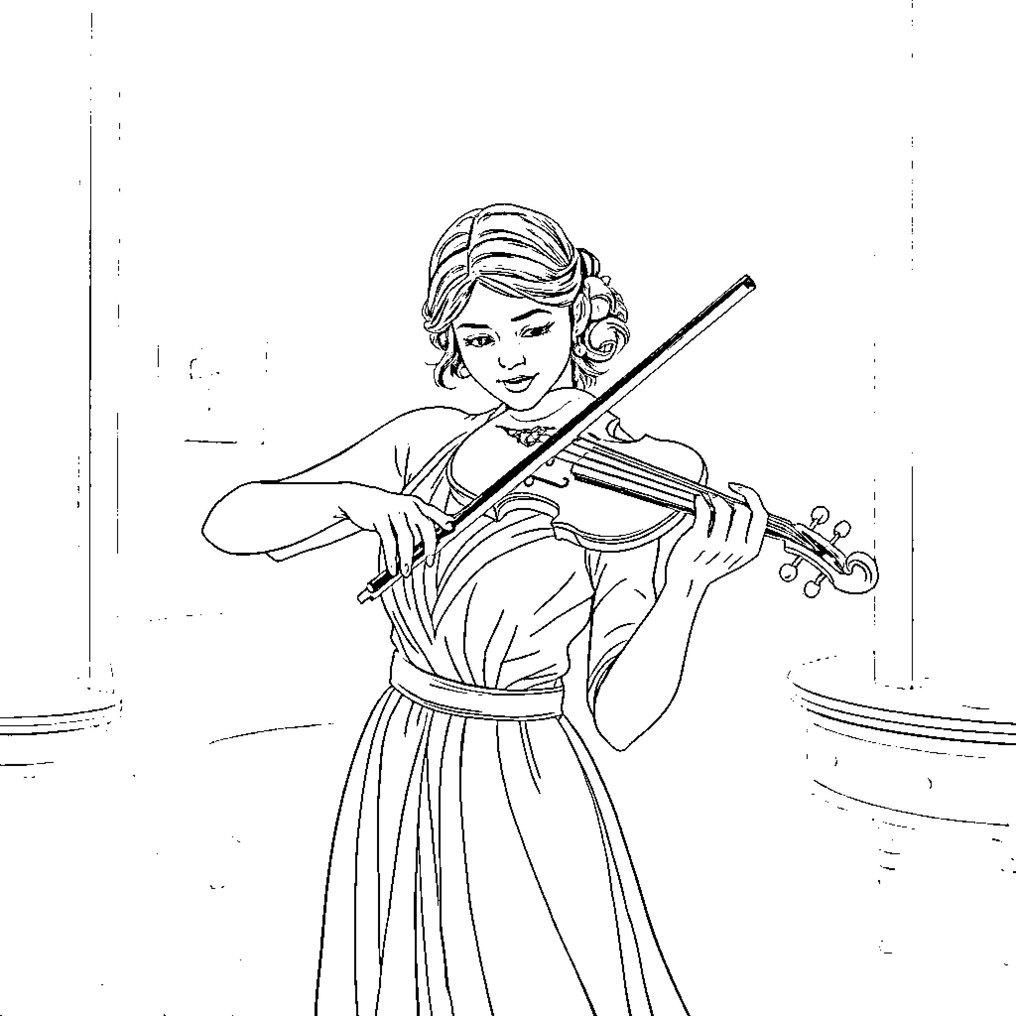 Princess Leia playing the violin Coloring Page (free black-and-white line drawing printable PDF for all, from beginners to advanced learners, including children, teens, adults, and seniors)