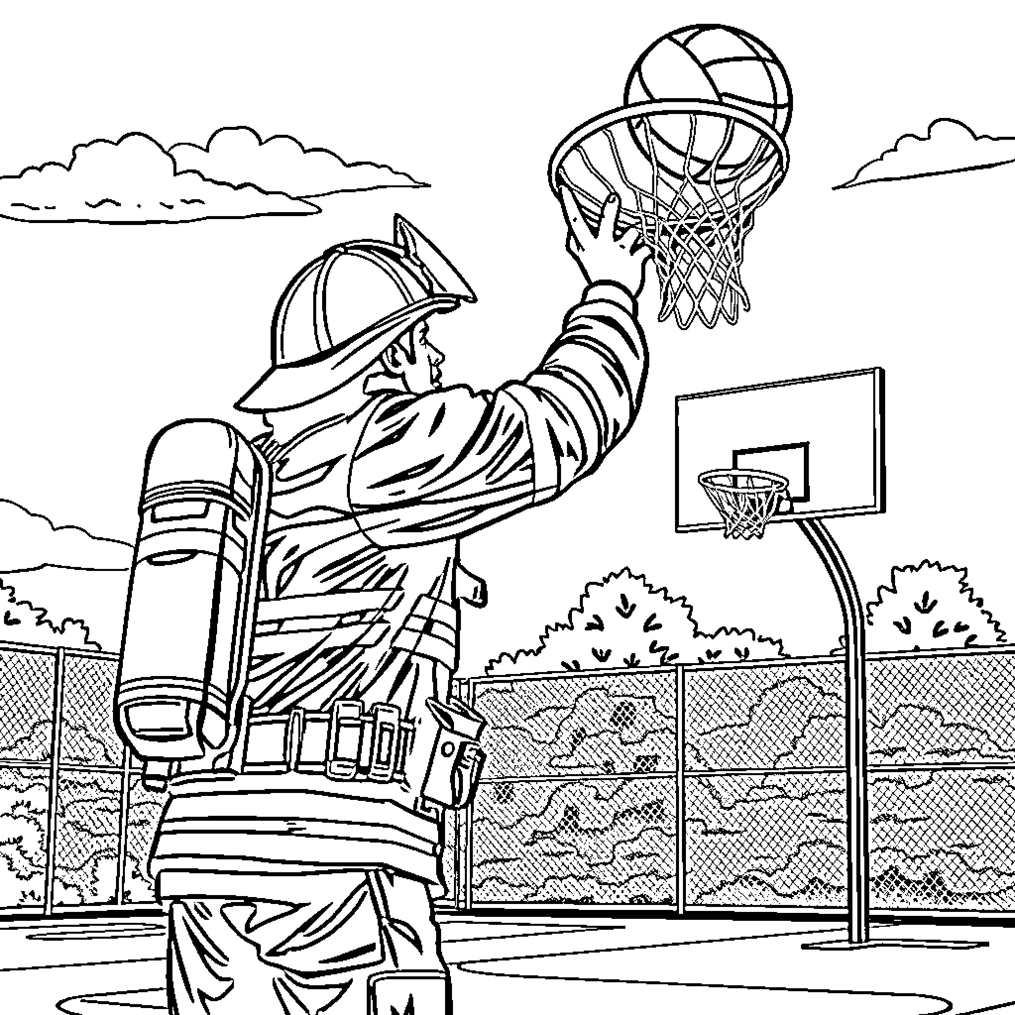 Firefighter playing basketball on outdoor court Coloring Page (free black-and-white line drawing printable PDF for all, from beginners to advanced learners, including children, teens, adults, and seniors)