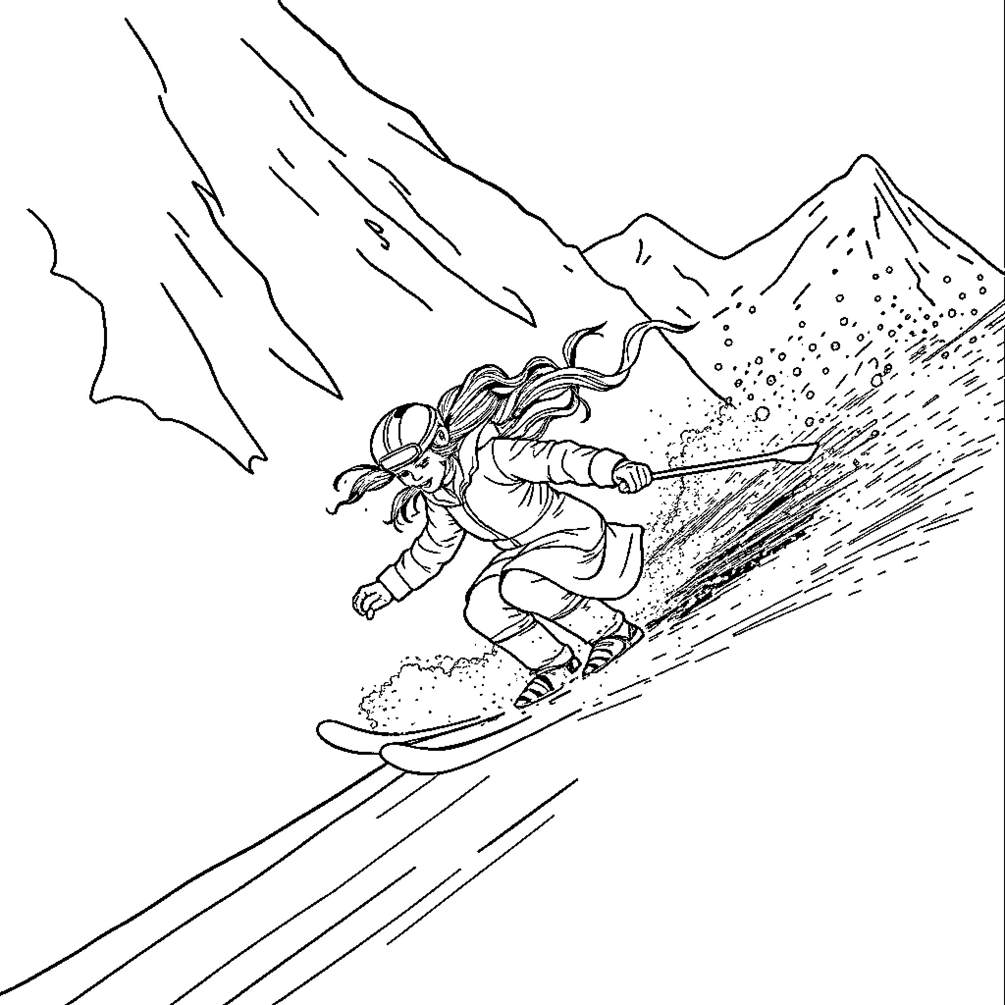Hermione Granger snowboarding down a snowy mountain Coloring Page (free black-and-white line drawing printable PDF for all, from beginners to advanced learners, including children, teens, adults, and seniors)