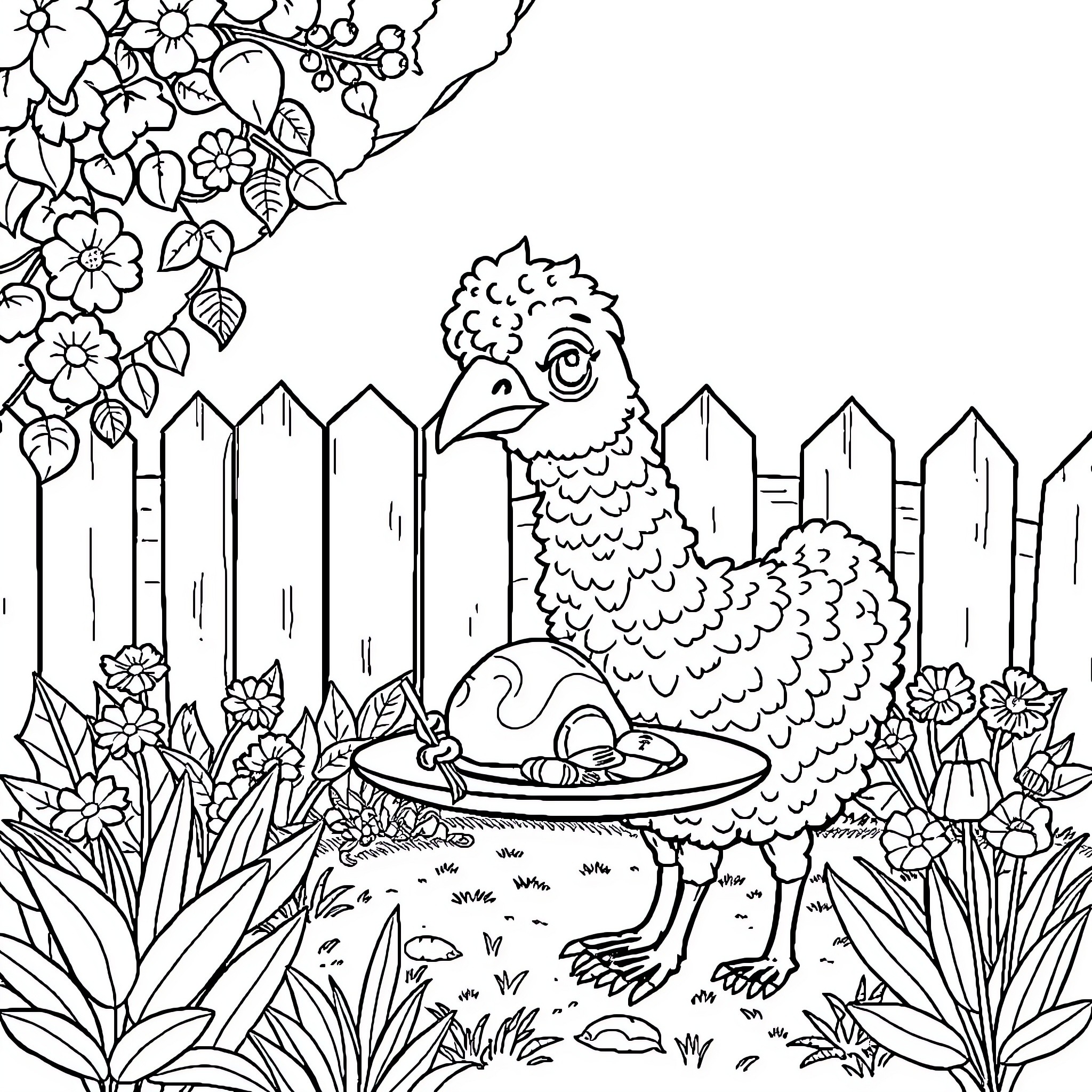 Caca Chick in the Floral Garden Playground Coloring Page (free black-and-white line drawing printable PDF for all, from beginners to advanced learners, including children, teens, adults, and seniors)