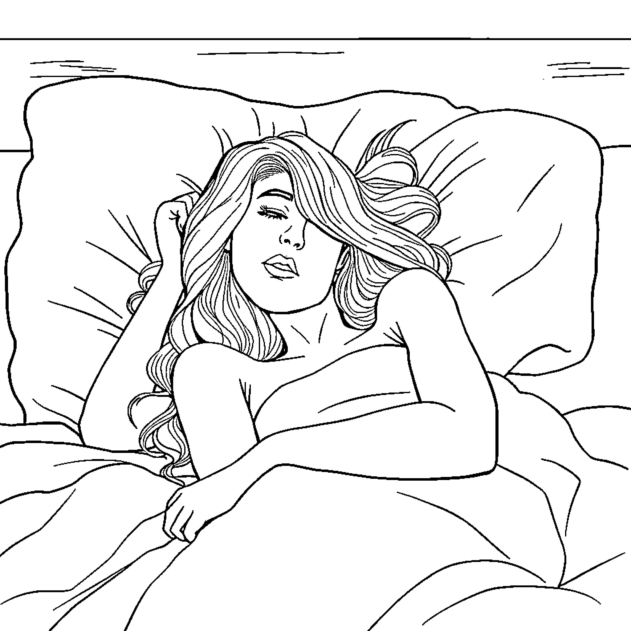 Sabrina Carpenter resting peacefully Coloring Page (free black-and-white line drawing printable PDF for all, from beginners to advanced learners, including children, teens, adults, and seniors)