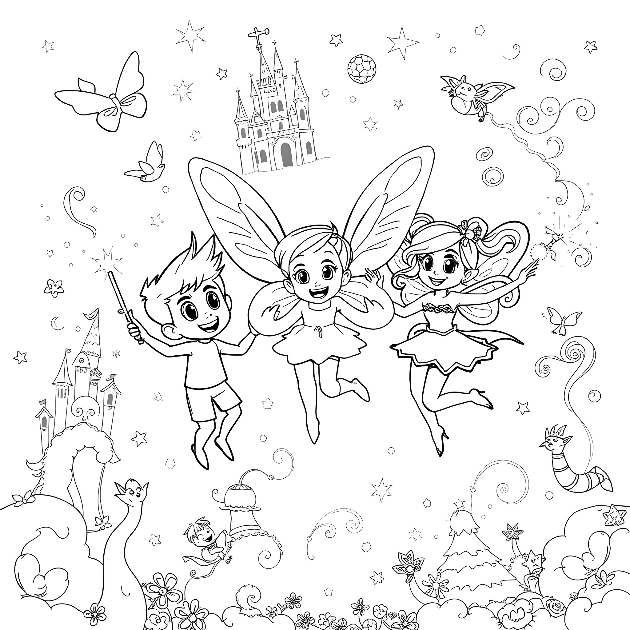 Fairy Oddparents in a Magical Fairytale Setting Coloring Page (free black-and-white line drawing printable PDF for all, from beginners to advanced learners, including children, teens, adults, and seniors)
