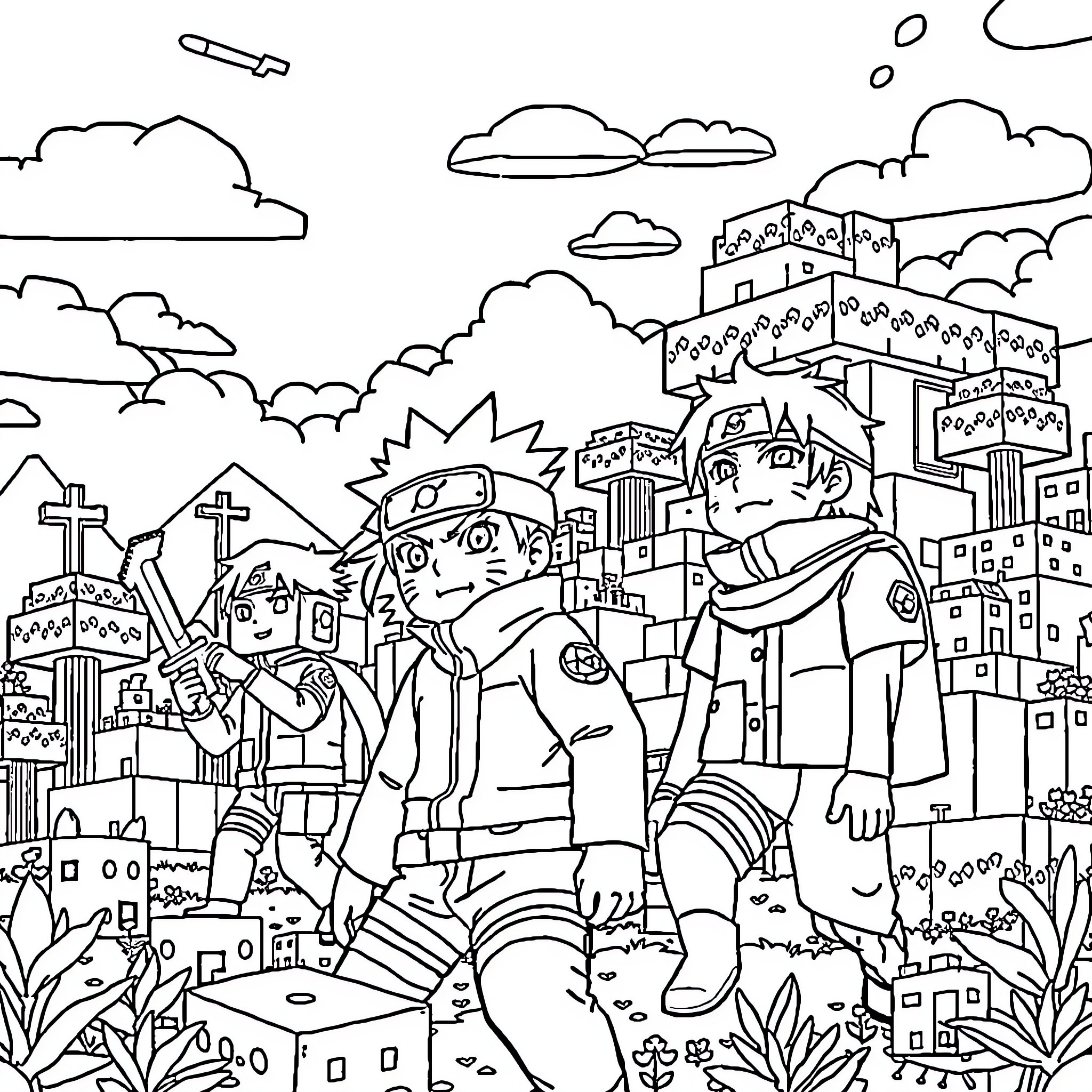 Naruto characters in a bustling anime city Coloring Page (free black-and-white line drawing printable PDF for all, from beginners to advanced learners, including children, teens, adults, and seniors)