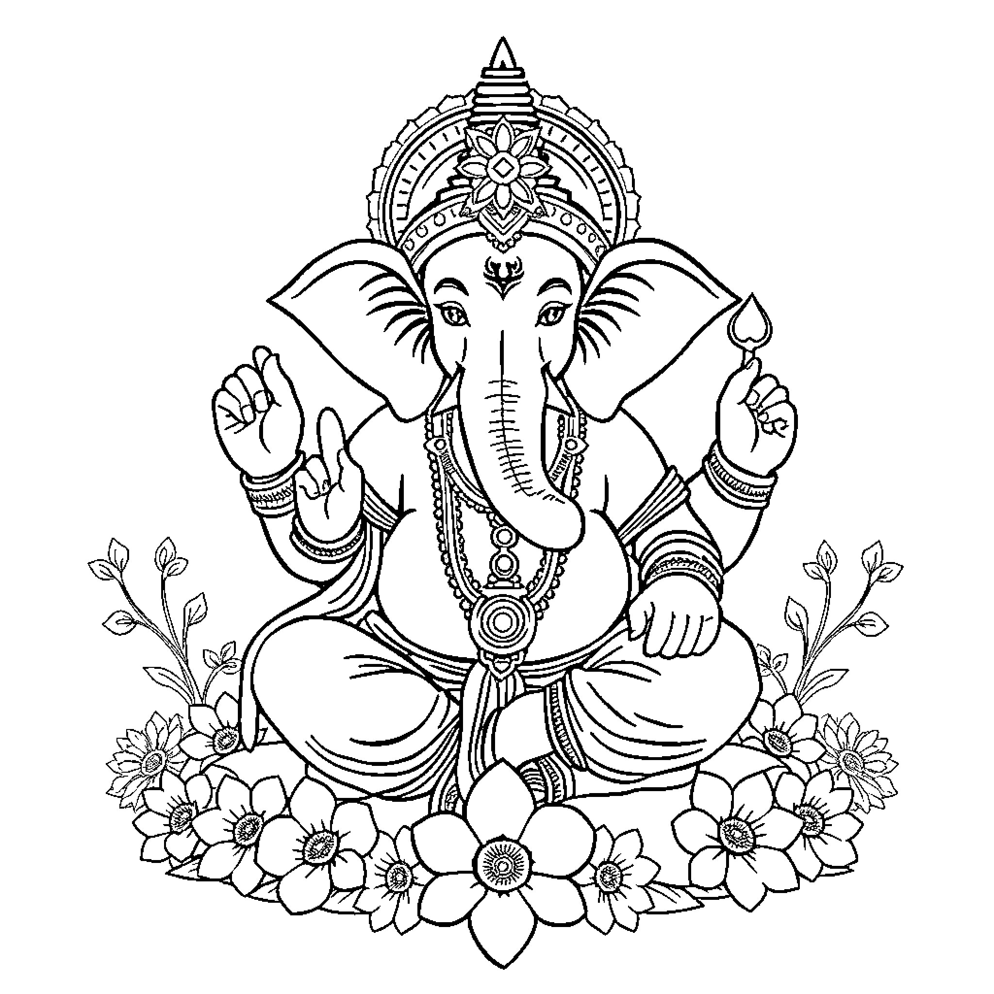Ganesha the Elephant-Headed God in Meditation Coloring Page (free black-and-white line drawing printable PDF for all, from beginners to advanced learners, including children, teens, adults, and seniors)