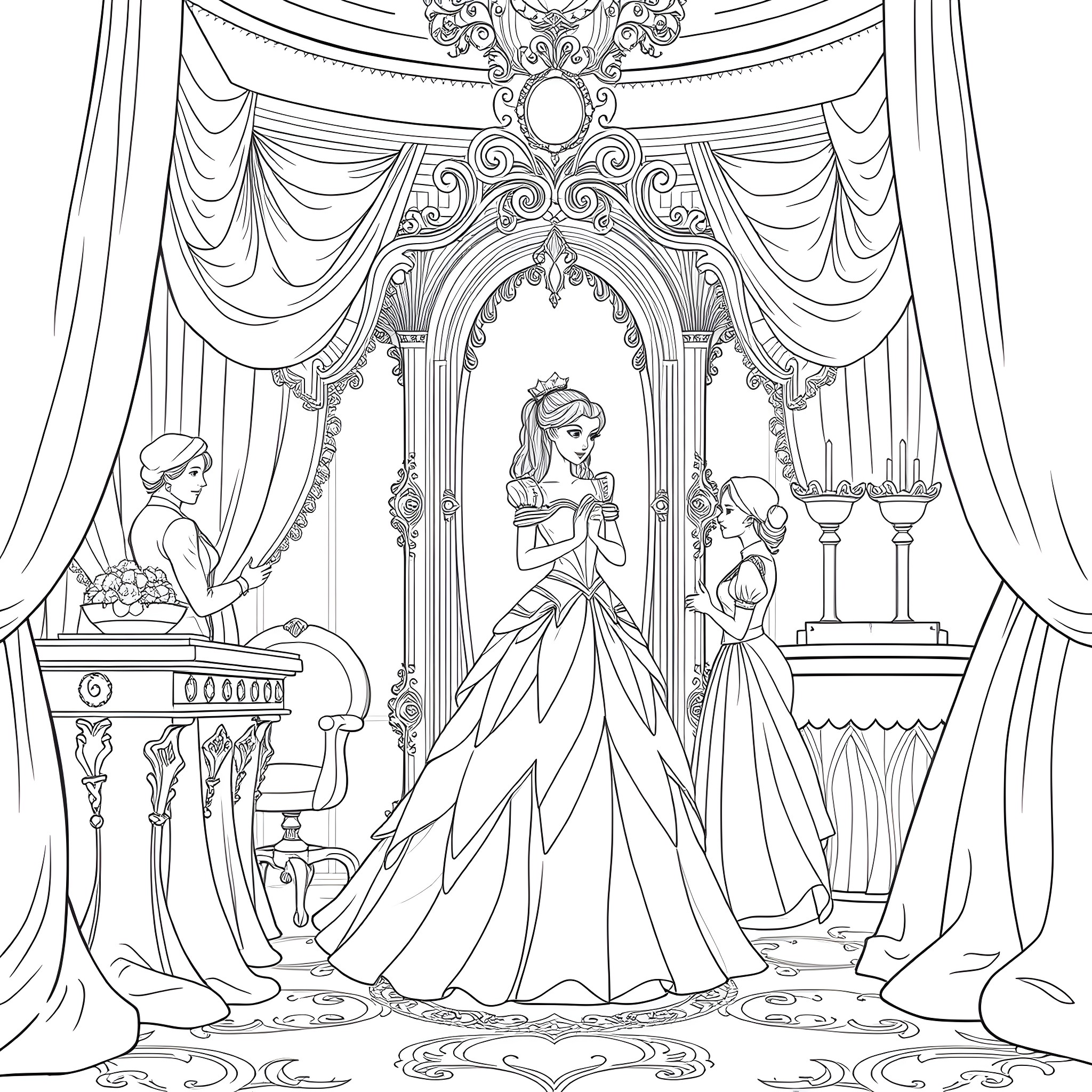 Princess in Royal Court Attire Coloring Page (free black-and-white line drawing printable PDF for all, from beginners to advanced learners, including children, teens, adults, and seniors)