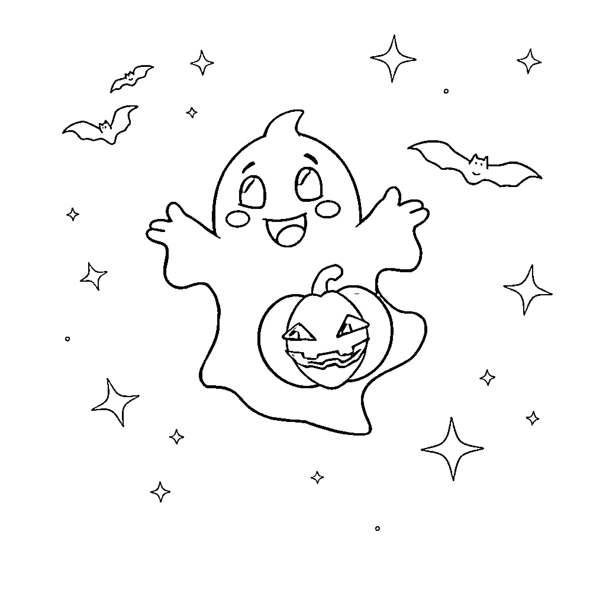 Ghost playing with pumpkin on Halloween night Coloring Page (free black-and-white line drawing printable PDF for all, from beginners to advanced learners, including children, teens, adults, and seniors)