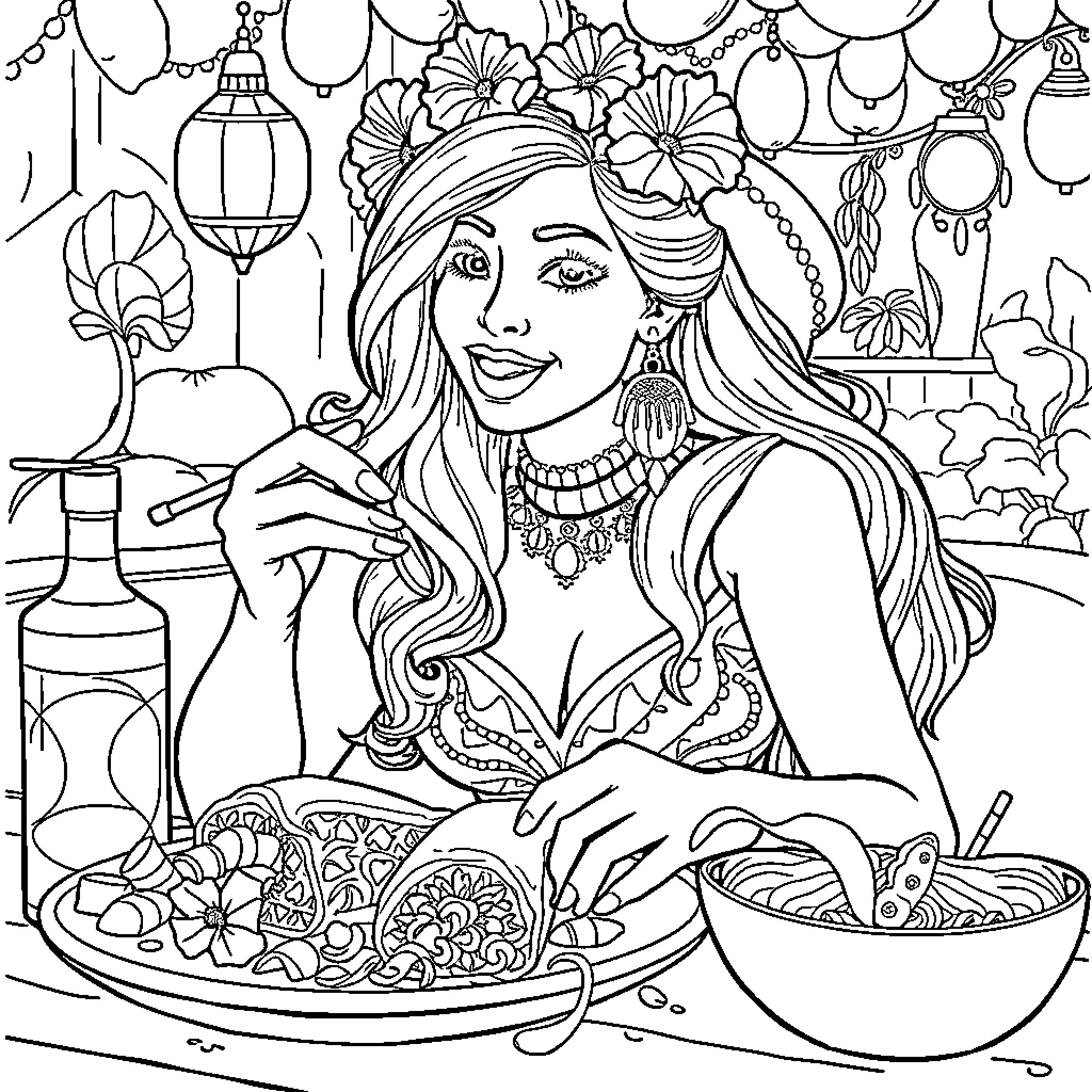 Wonder Woman enjoying a festive celebration Coloring Page (free black-and-white line drawing printable PDF for all, from beginners to advanced learners, including children, teens, adults, and seniors)