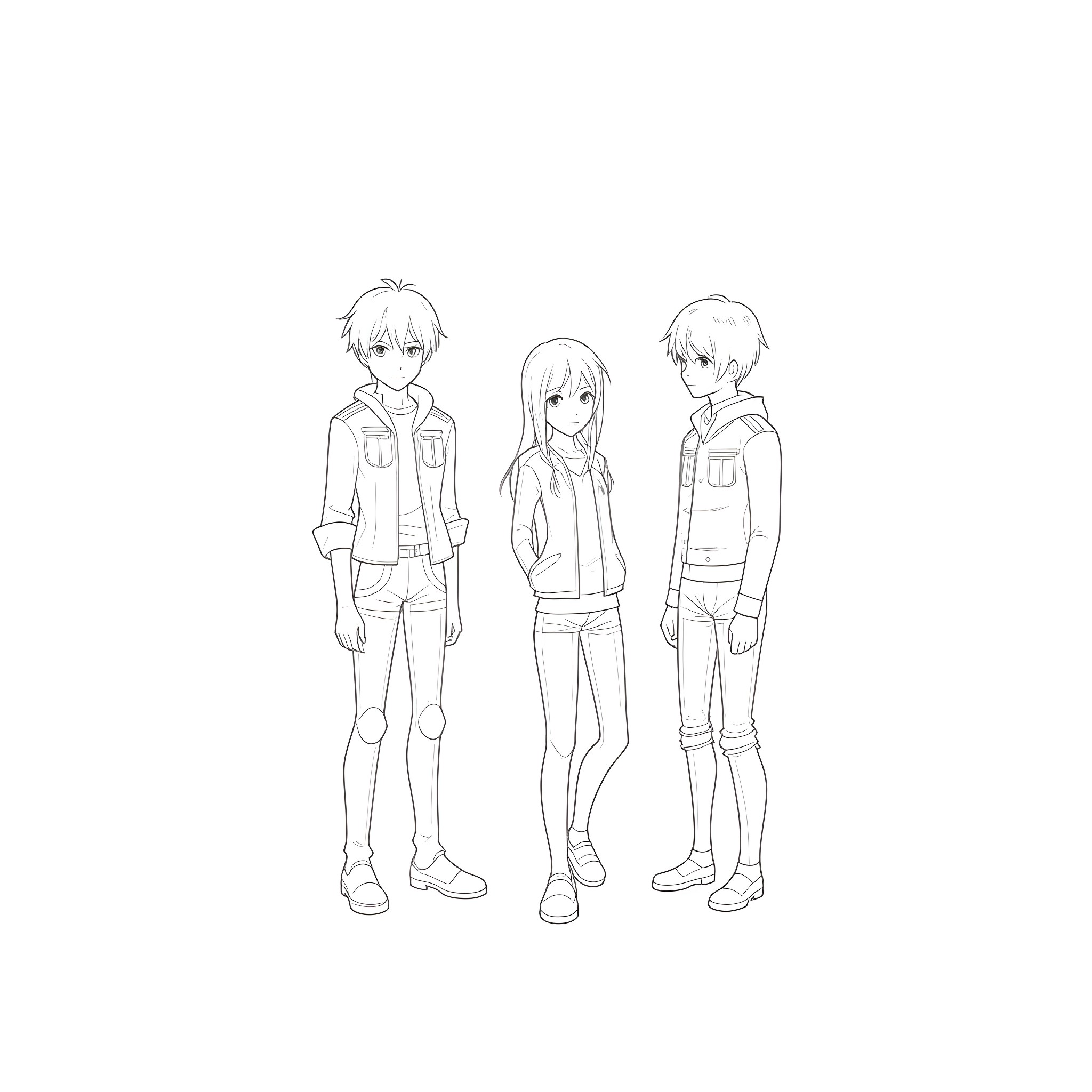 Character Trio in Casual Attire Coloring Page (free black-and-white line drawing printable PDF for all, from beginners to advanced learners, including children, teens, adults, and seniors)