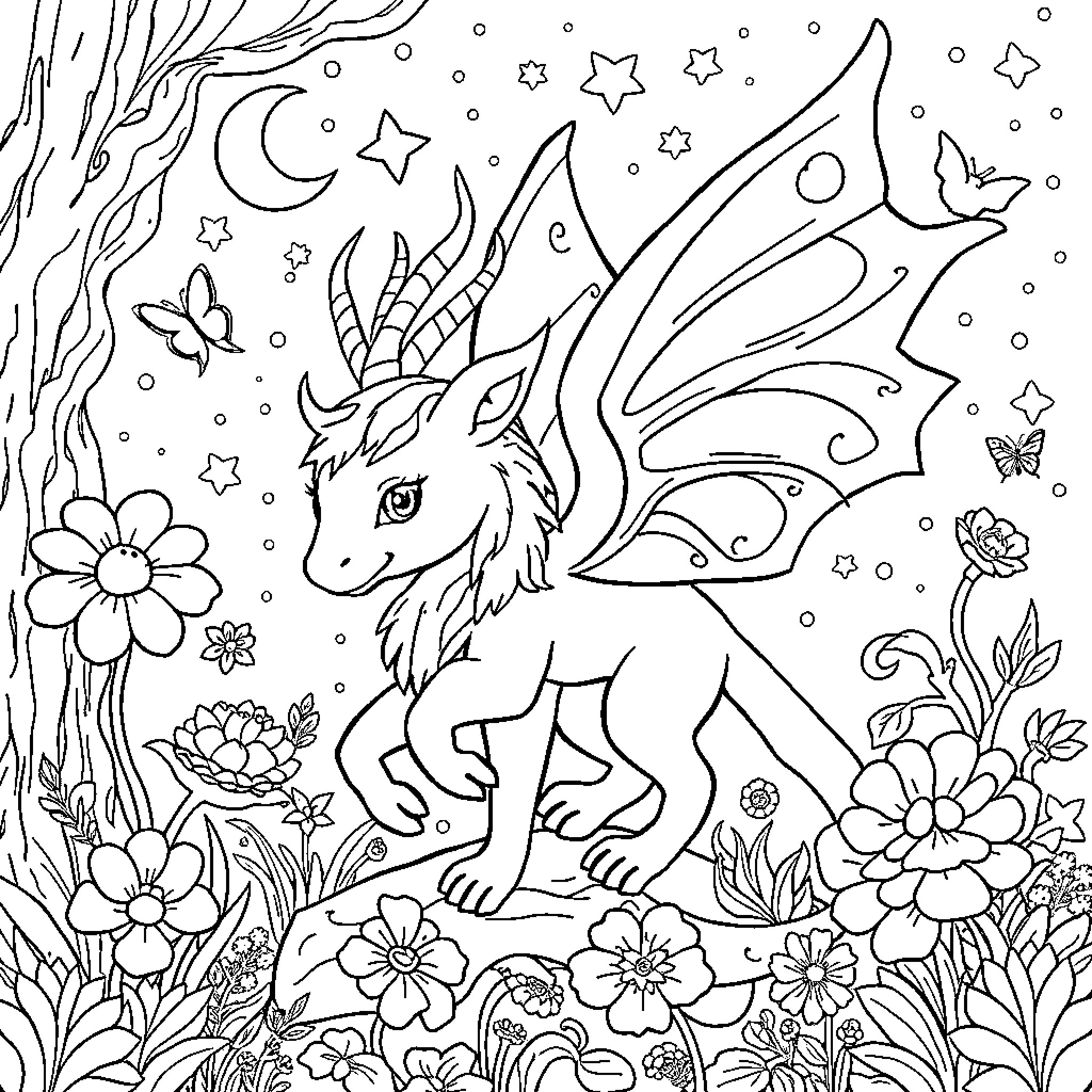 Fantasy Fairy Tale Dragon in Enchanted Garden Coloring Page (free black-and-white line drawing printable PDF for all, from beginners to advanced learners, including children, teens, adults, and seniors)
