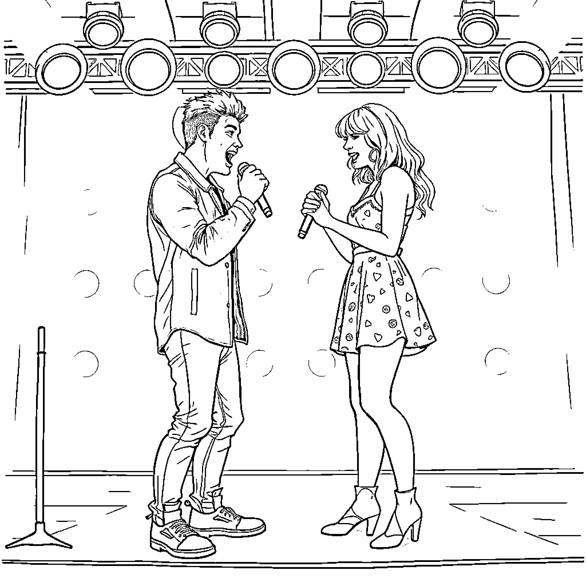 Morgan Wallen performing with a female vocalist on stage Coloring Page (free black-and-white line drawing printable PDF for all, from beginners to advanced learners, including children, teens, adults, and seniors)
