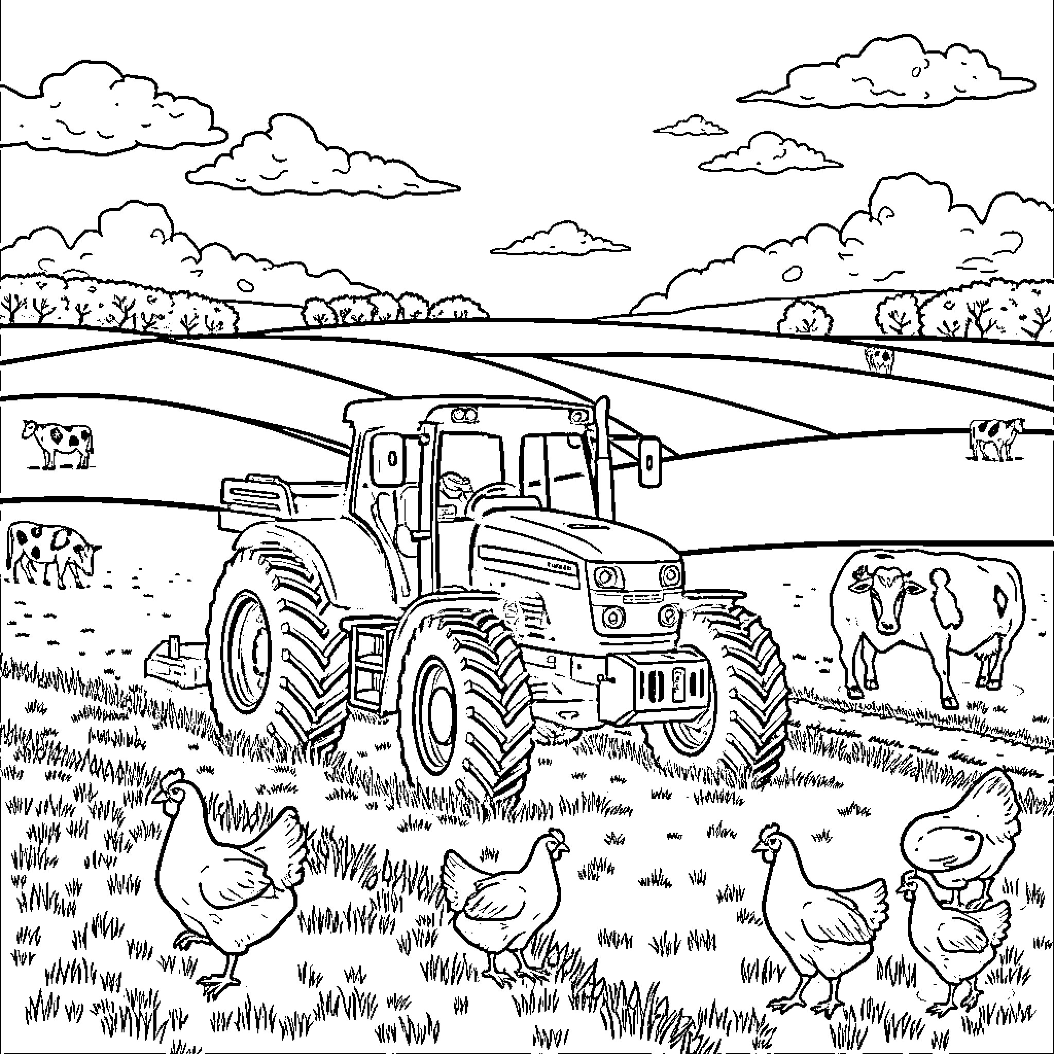 Tractor working in pastoral countryside scene Coloring Page (free black-and-white line drawing printable PDF for all, from beginners to advanced learners, including children, teens, adults, and seniors)