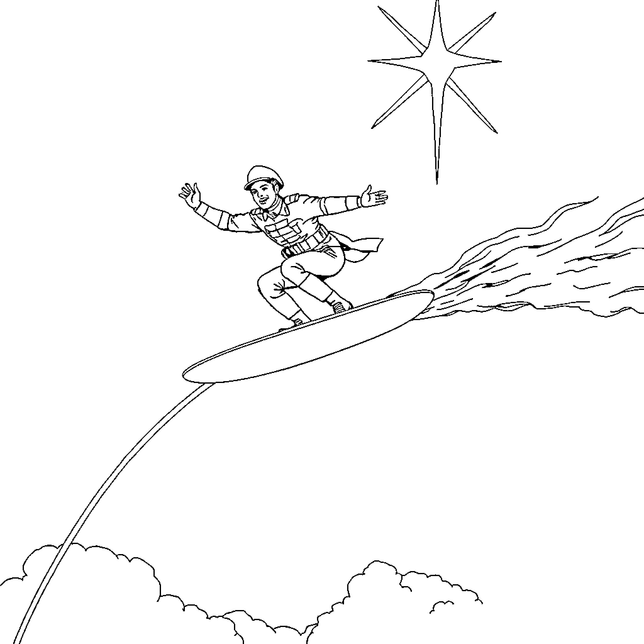 Soldier snowboarding down the mountainside Coloring Page (free black-and-white line drawing printable PDF for all, from beginners to advanced learners, including children, teens, adults, and seniors)