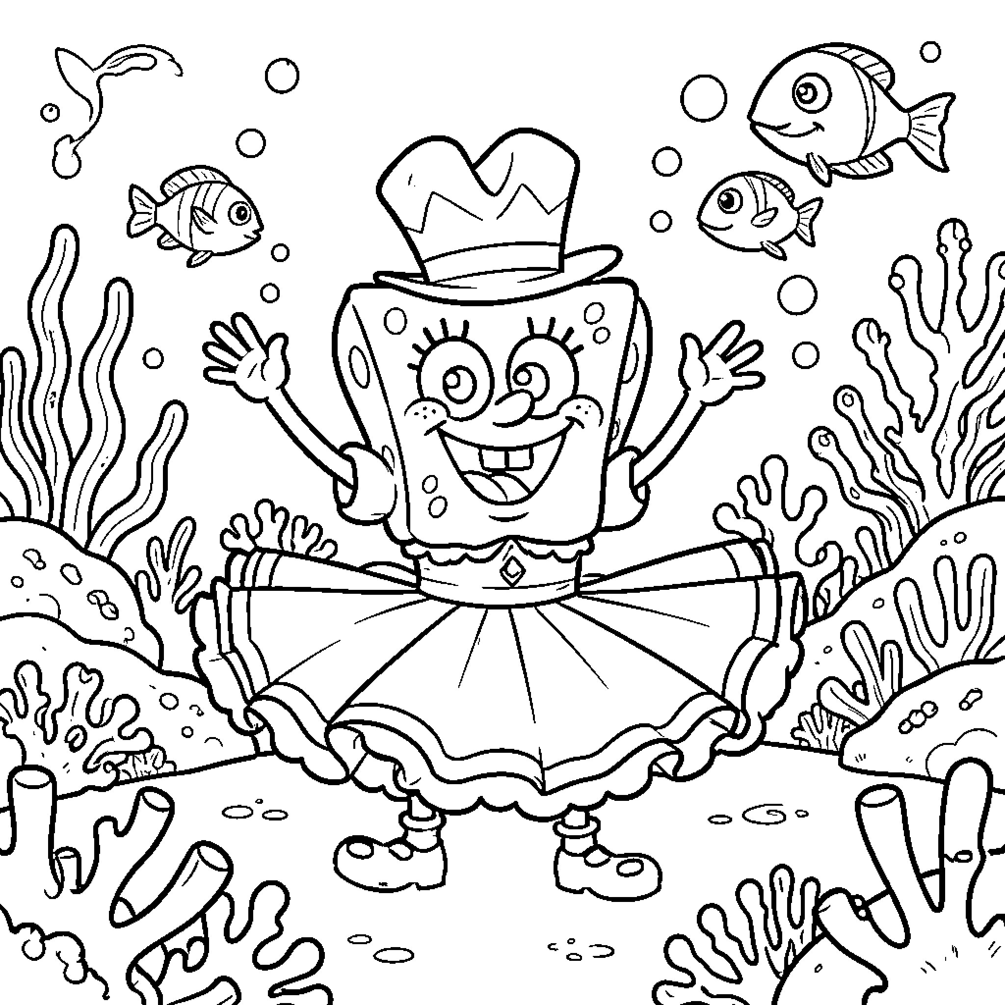 Bob esponja dancing joyfully under the sea Coloring Page (free black-and-white line drawing printable PDF for all, from beginners to advanced learners, including children, teens, adults, and seniors)