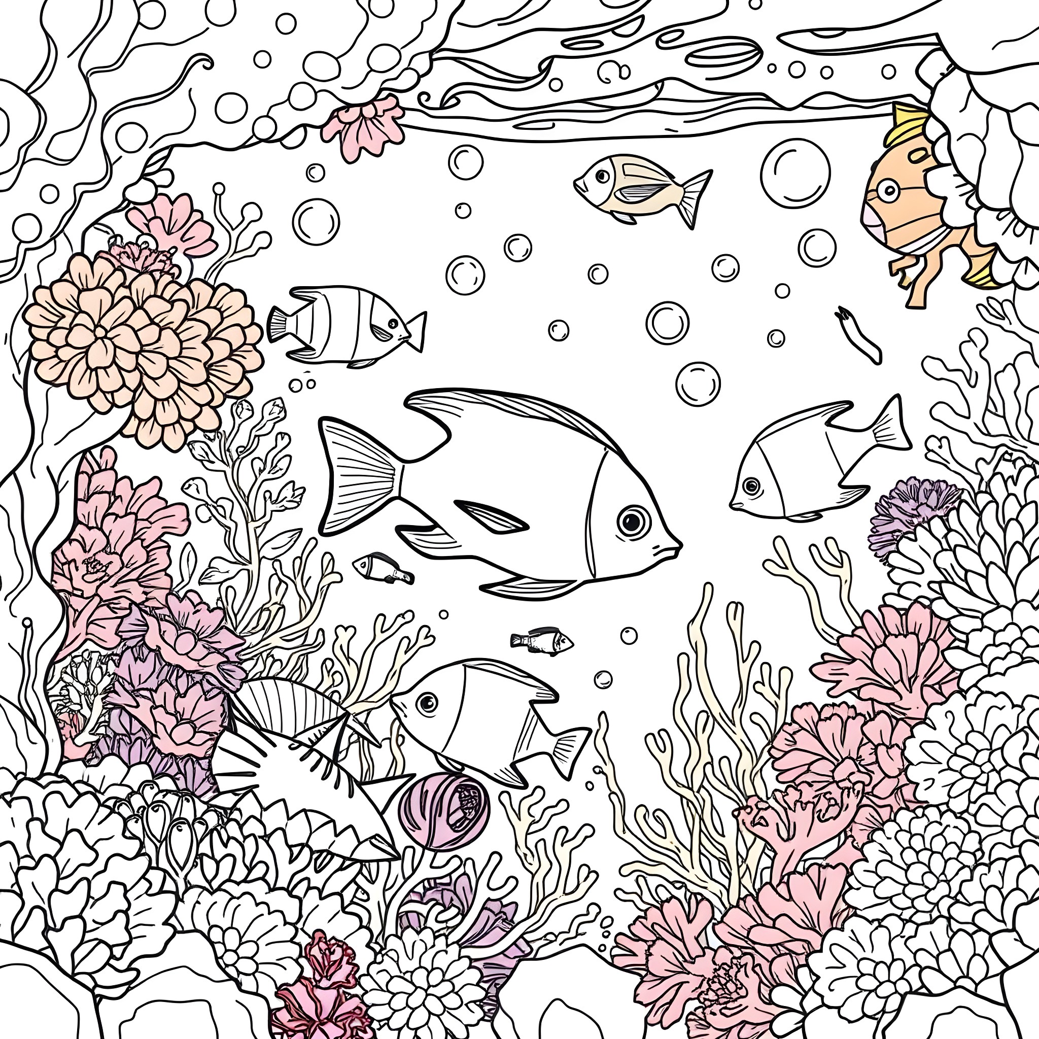 Fish swimming among vibrant coral and flower garden Coloring Page (free black-and-white line drawing printable PDF for all, from beginners to advanced learners, including children, teens, adults, and seniors)