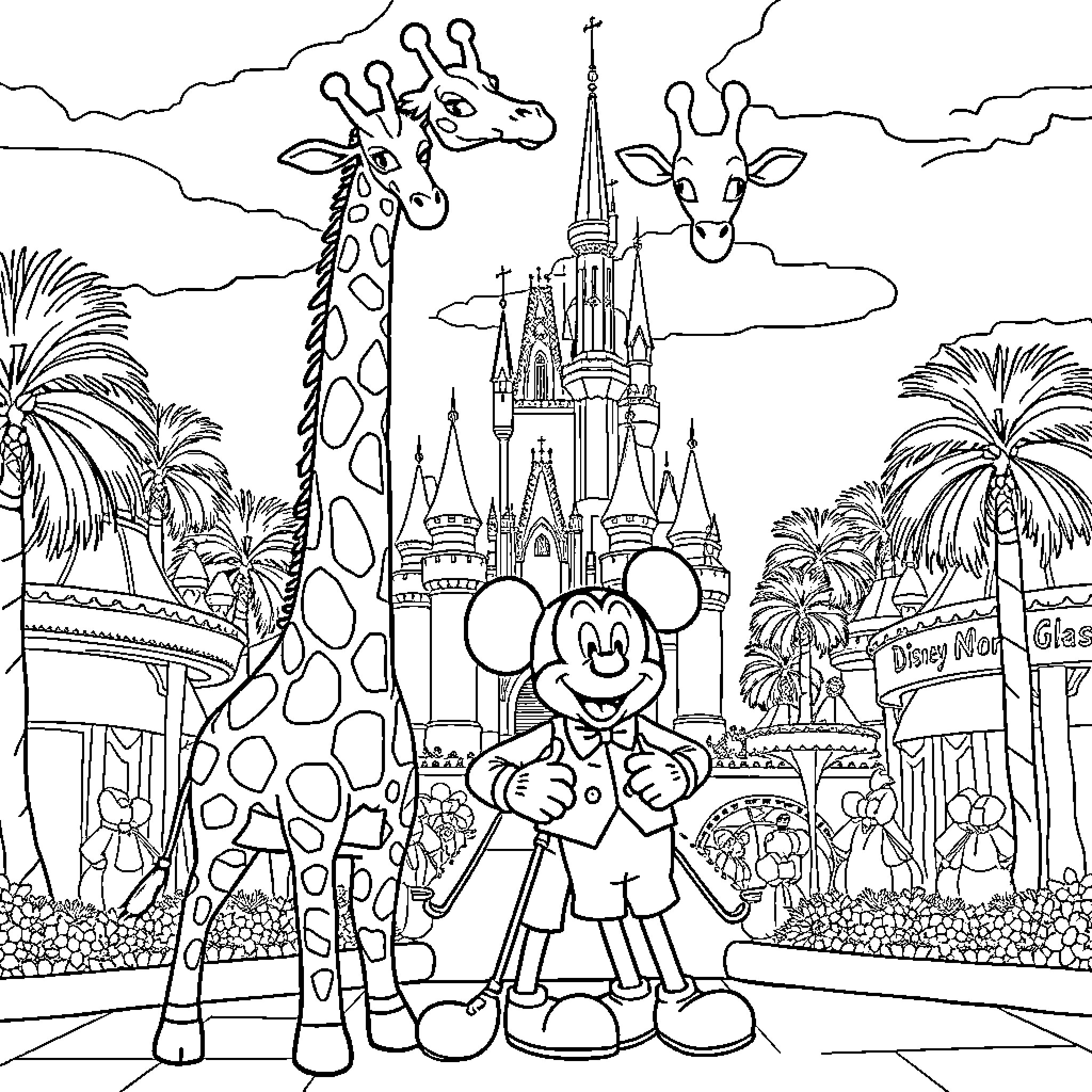 Giraffe and Mickey Mouse at Disney Castle Coloring Page (free black-and-white line drawing printable PDF for all, from beginners to advanced learners, including children, teens, adults, and seniors)