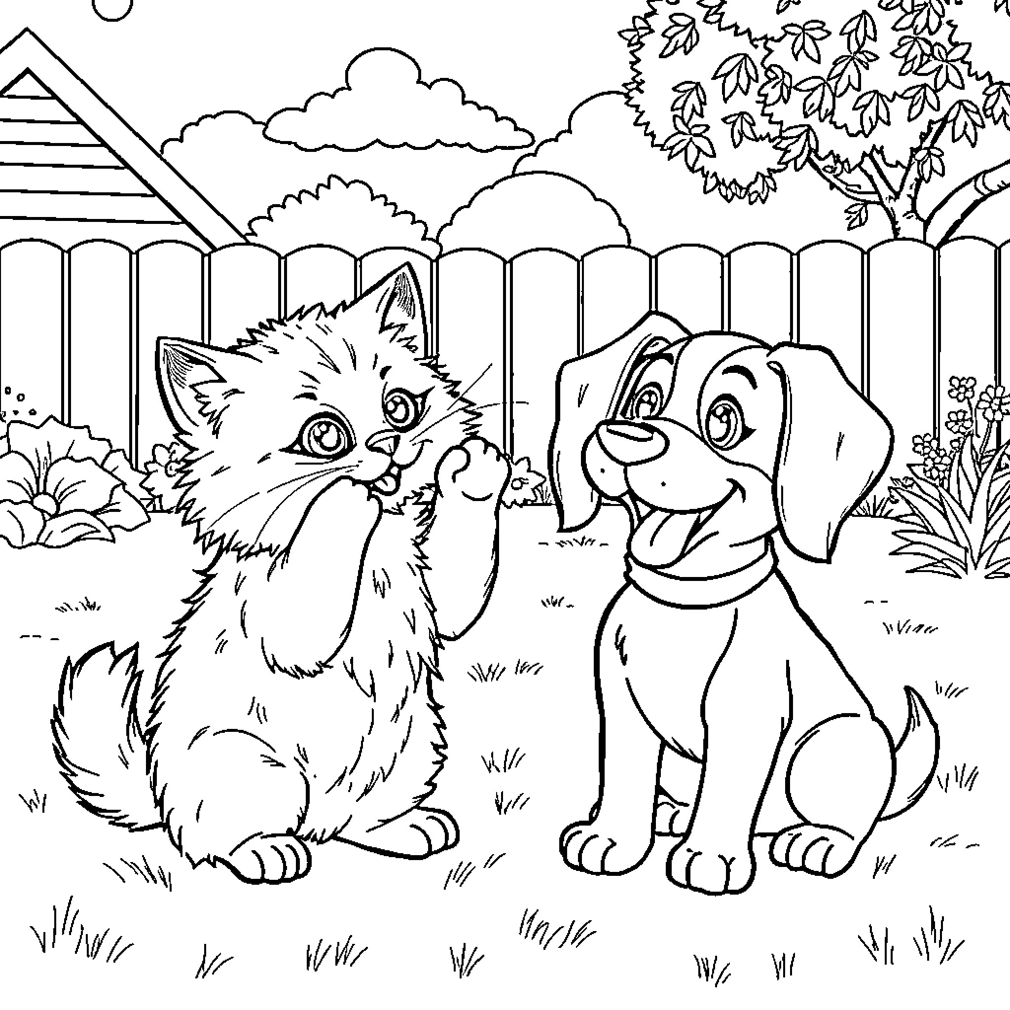Cat and Dog Neighbors in the Backyard Coloring Page (free black-and-white line drawing printable PDF for all, from beginners to advanced learners, including children, teens, adults, and seniors)