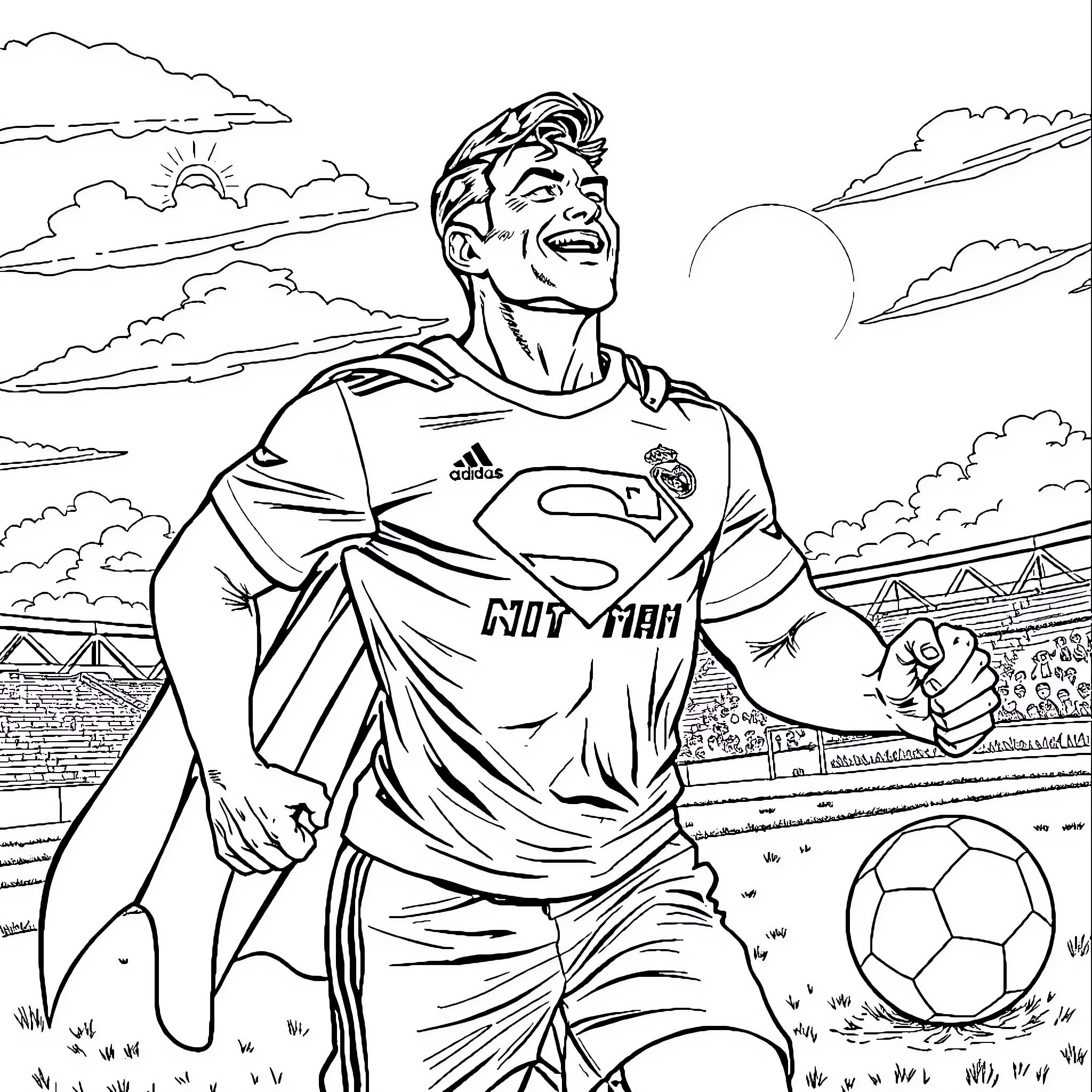 Superman celebrates soccer victory in stadium Coloring Page (free black-and-white line drawing printable PDF for all, from beginners to advanced learners, including children, teens, adults, and seniors)