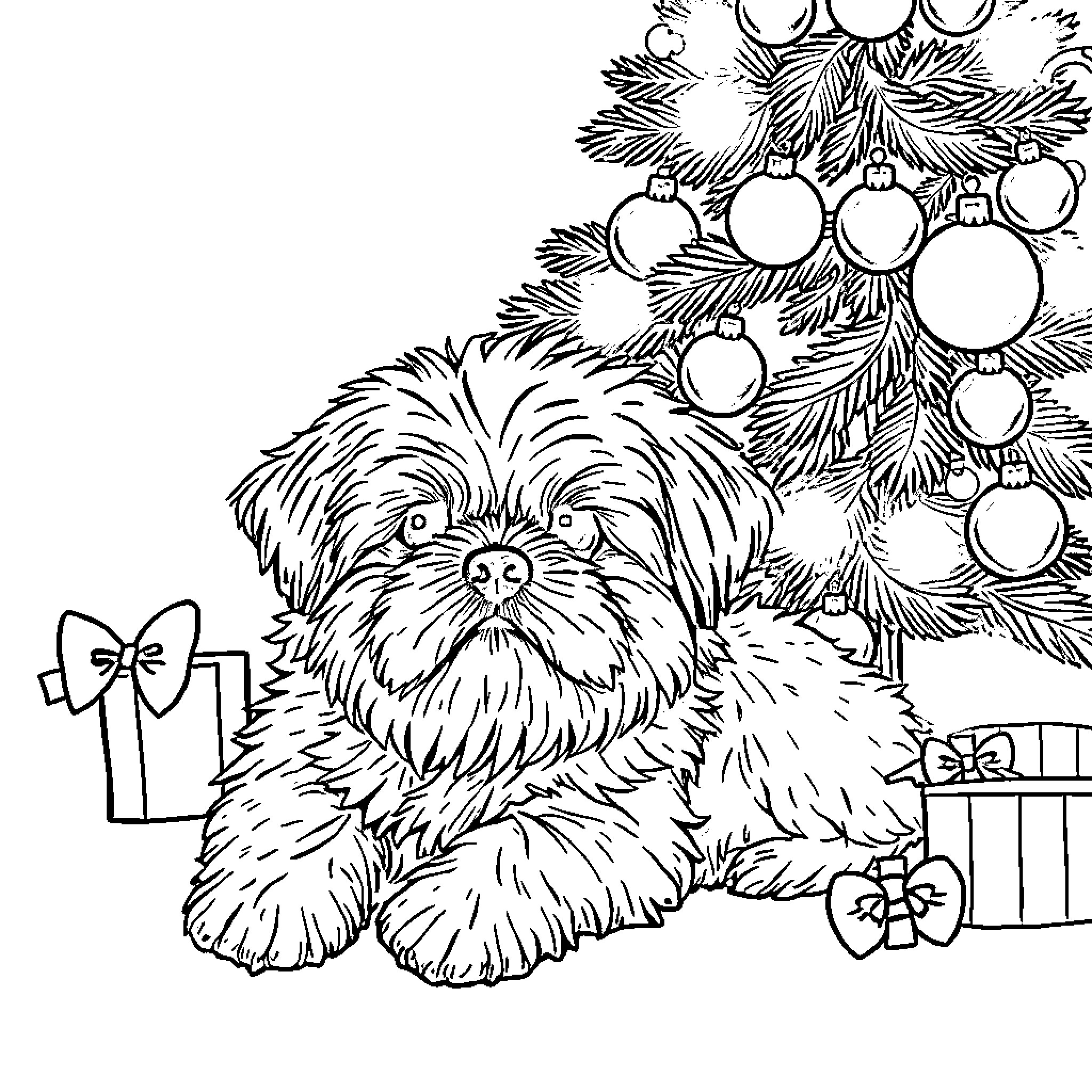 Shih Tzu pup beside Christmas tree with ornaments Coloring Page (free black-and-white line drawing printable PDF for all, from beginners to advanced learners, including children, teens, adults, and seniors)