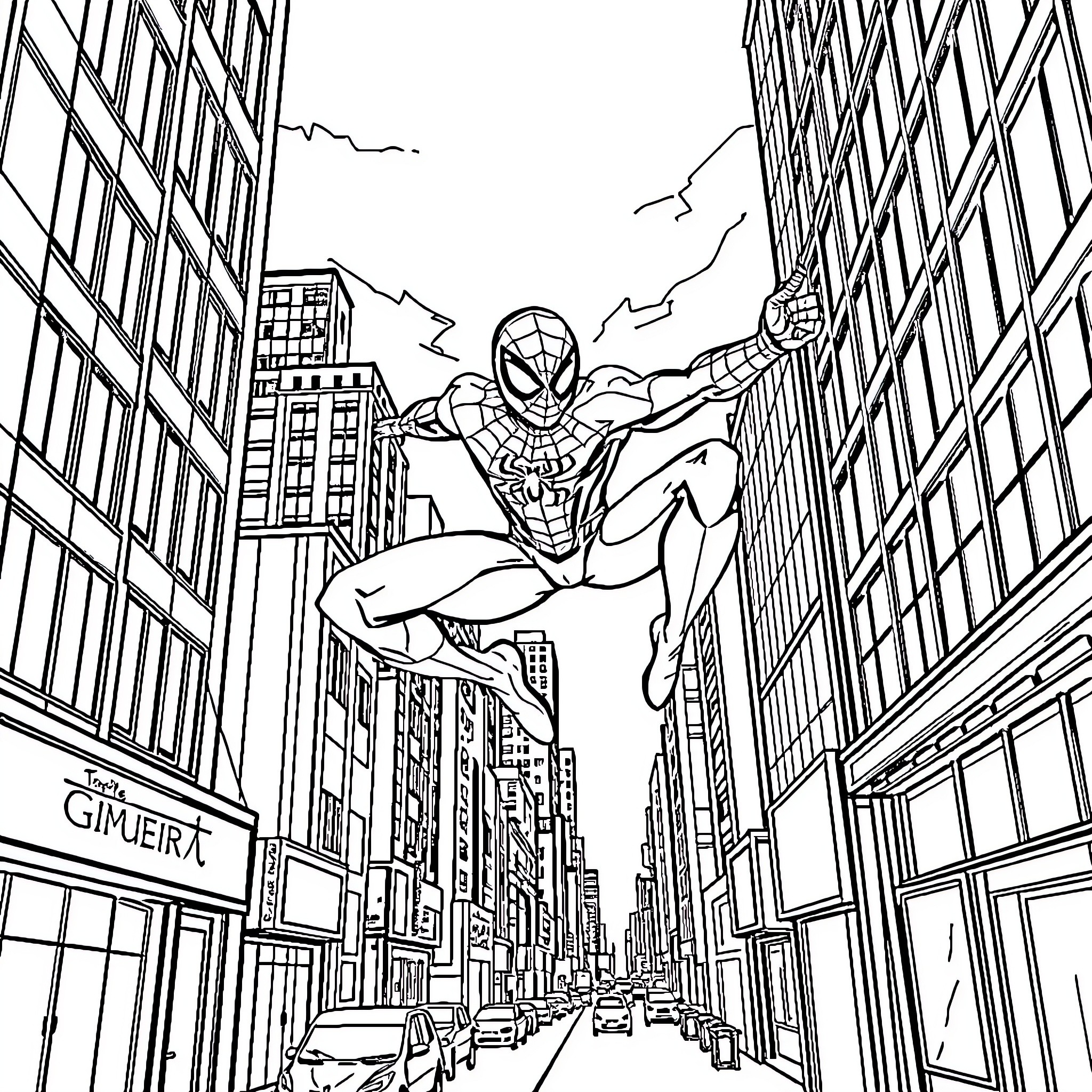 Spiderman swinging through the city skyline Coloring Page (free black-and-white line drawing printable PDF for all, from beginners to advanced learners, including children, teens, adults, and seniors)