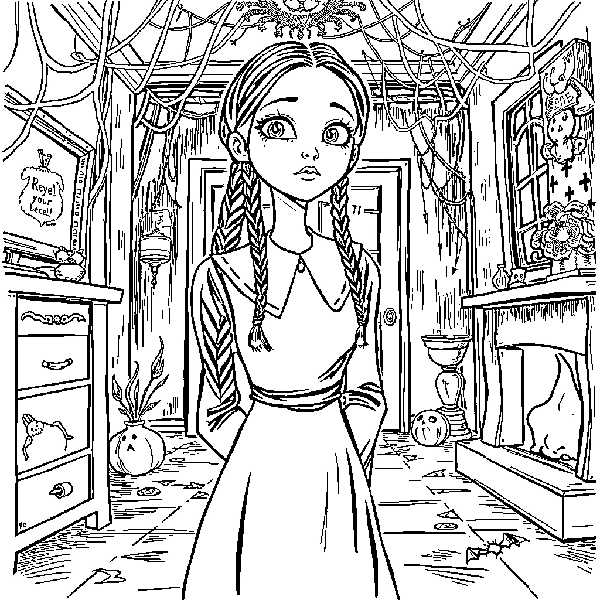 Wednesday in a Mysterious Witchy Abode Coloring Page (free black-and-white line drawing printable PDF for all, from beginners to advanced learners, including children, teens, adults, and seniors)