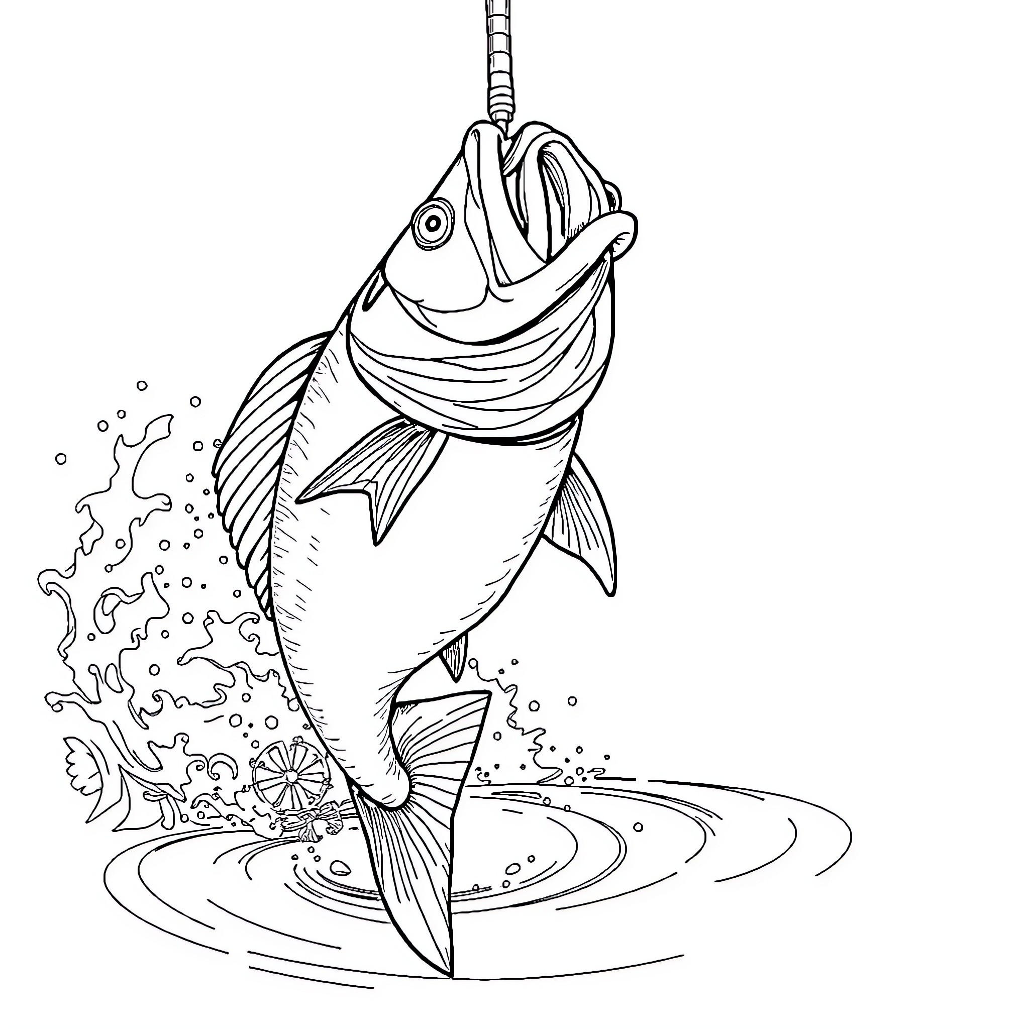 Catfish caught on a hook Coloring Page (free black-and-white line drawing printable PDF for all, from beginners to advanced learners, including children, teens, adults, and seniors)
