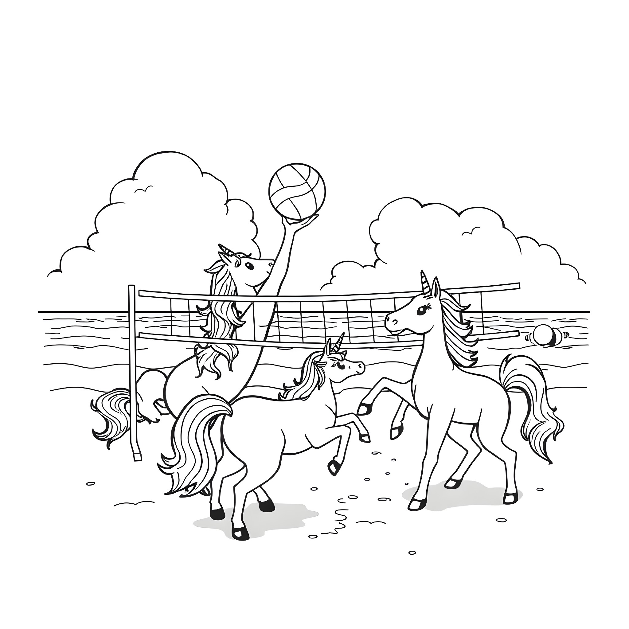 Unicorn playing volleyball with friends in the field Coloring Page (free black-and-white line drawing printable PDF for all, from beginners to advanced learners, including children, teens, adults, and seniors)