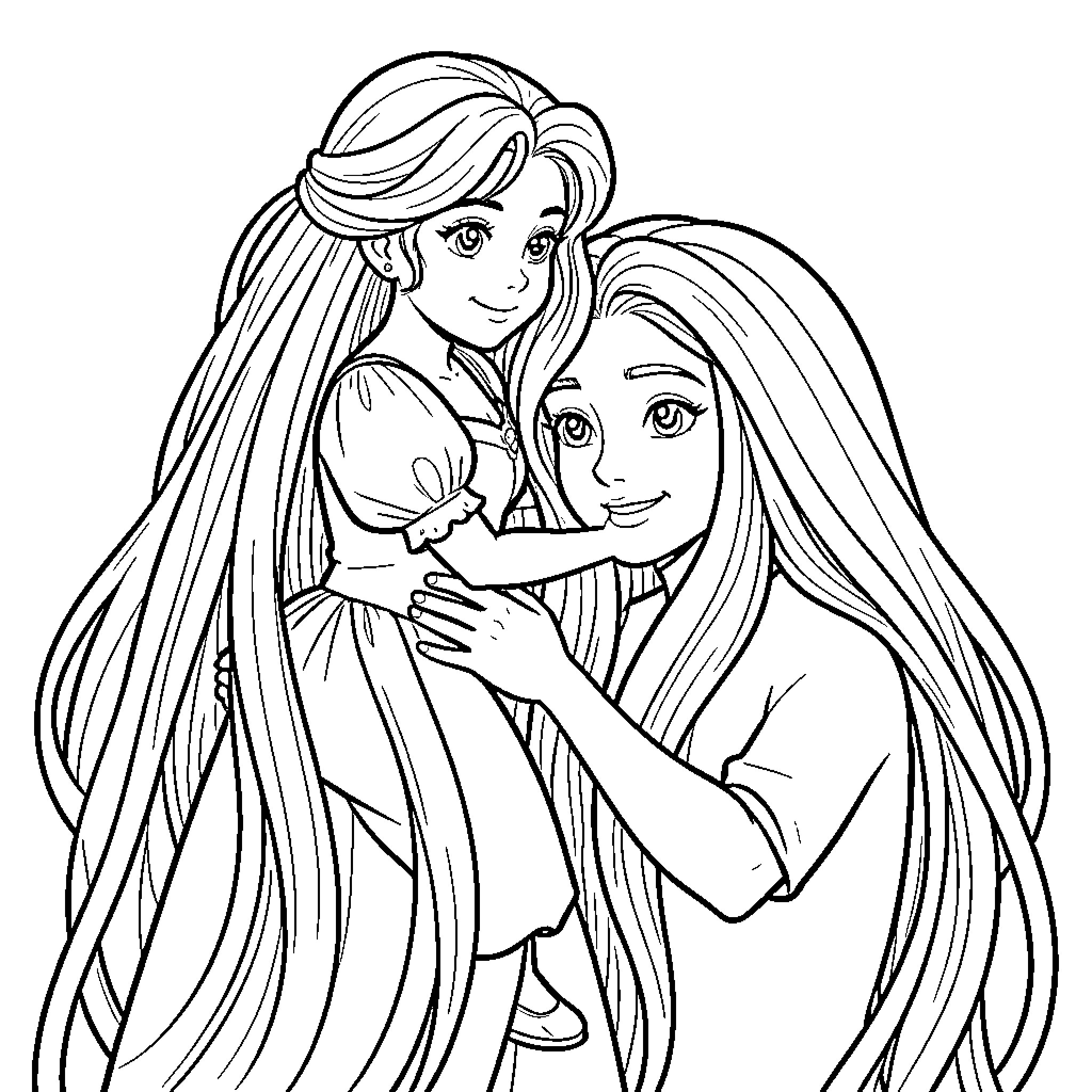 Vainana two girls with long hair hugging affectionately Coloring Page (free black-and-white line drawing printable PDF for all, from beginners to advanced learners, including children, teens, adults, and seniors)