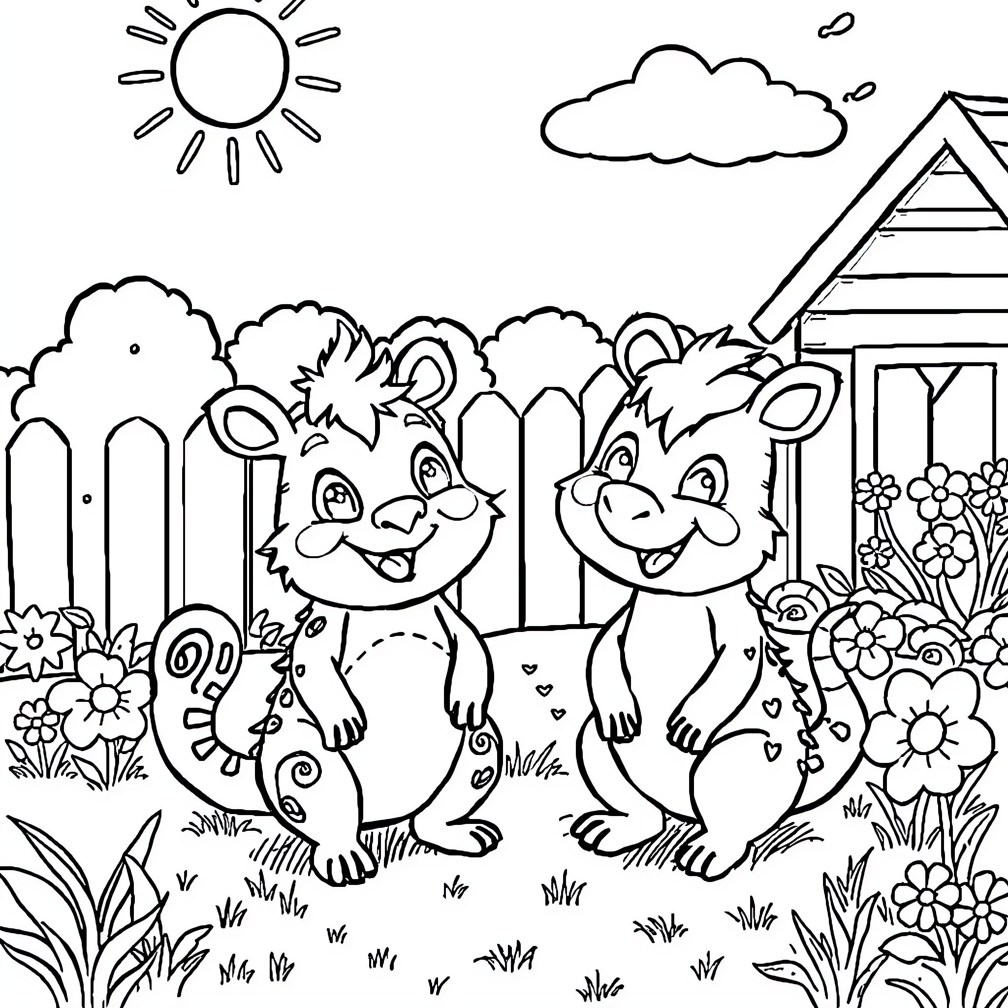 Smed and Smoos playing in a garden Coloring Page (free black-and-white line drawing printable PDF for all, from beginners to advanced learners, including children, teens, adults, and seniors)