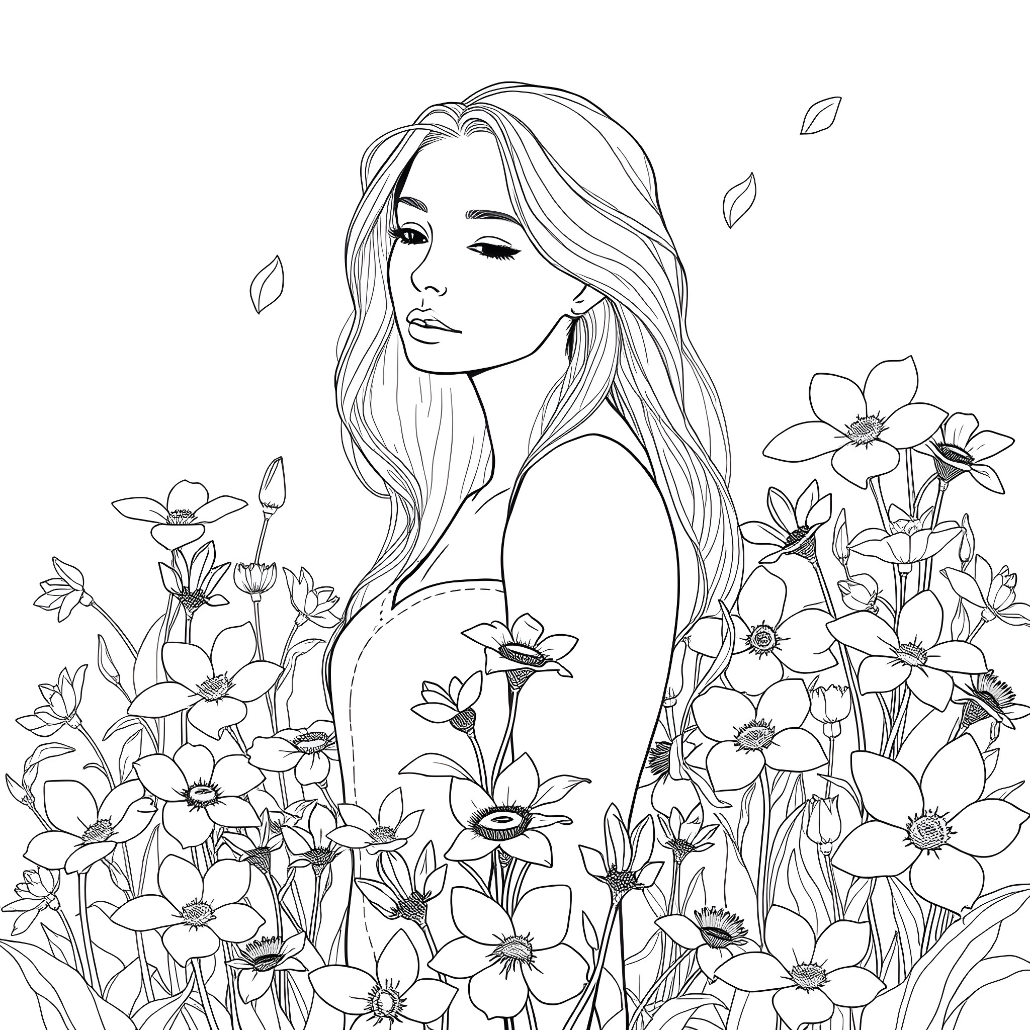 Woman surrounded by beautiful flowers Coloring Page (free black-and-white line drawing printable PDF for all, from beginners to advanced learners, including children, teens, adults, and seniors)