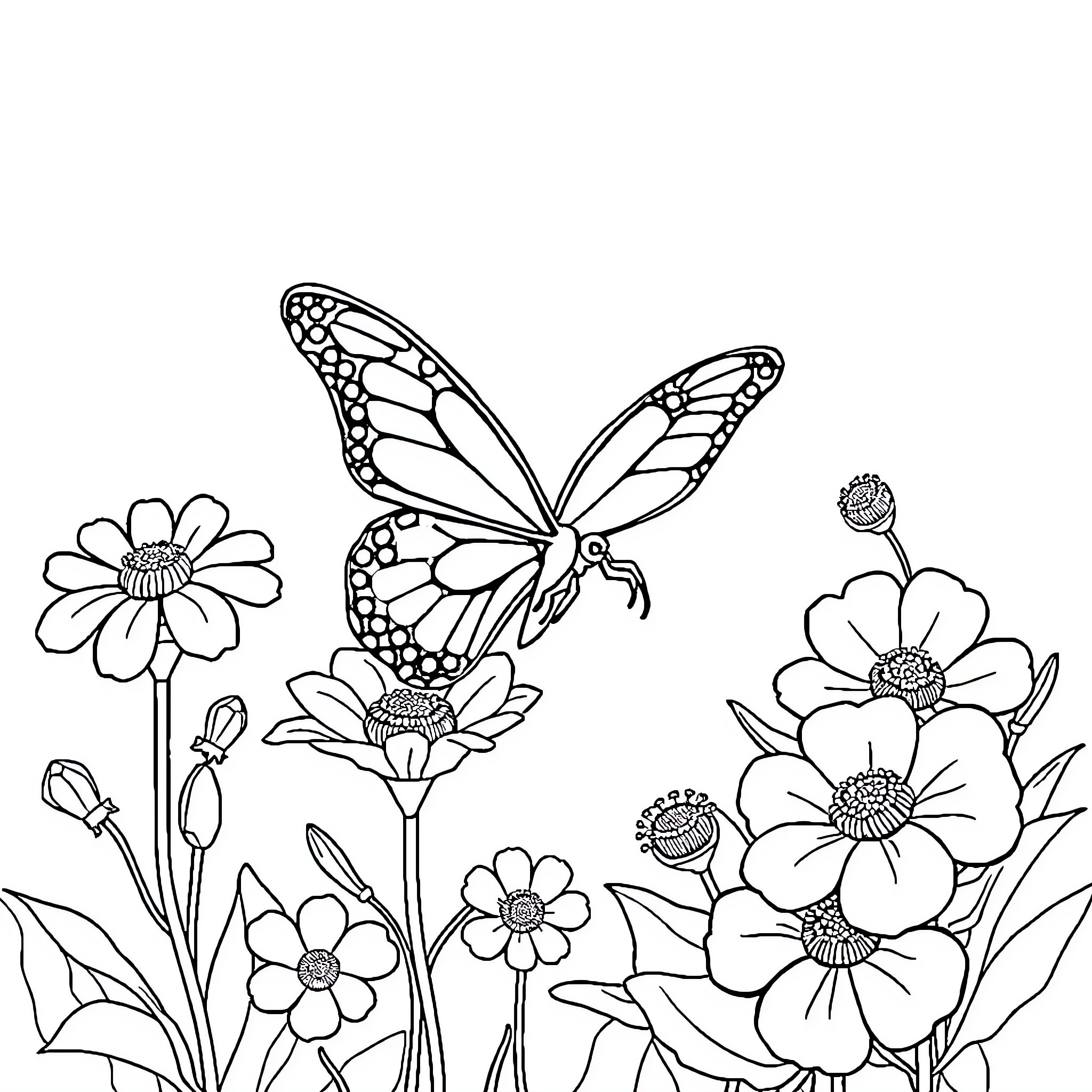 Butterfly among the blooming flowers Coloring Page (free black-and-white line drawing printable PDF for all, from beginners to advanced learners, including children, teens, adults, and seniors)