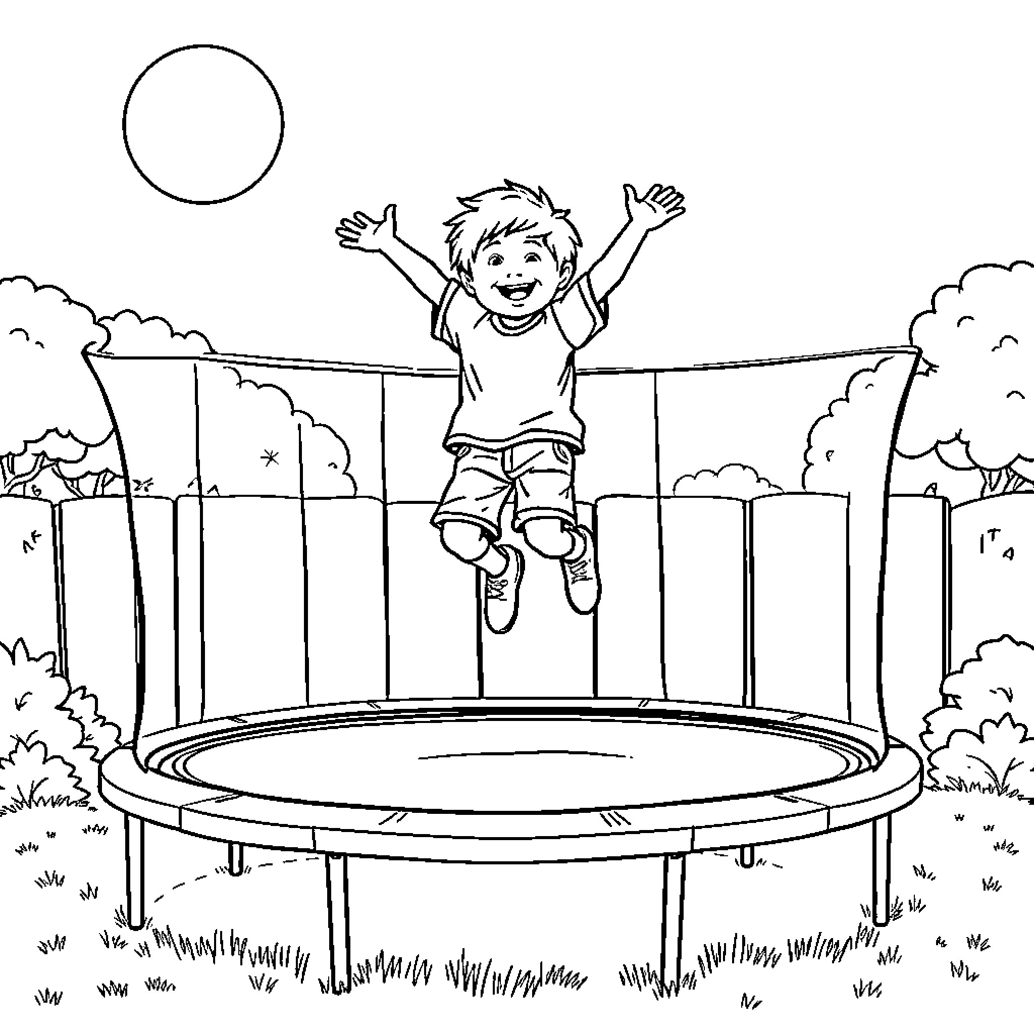 Boy joyfully bouncing on trampoline in backyard Coloring Page (free black-and-white line drawing printable PDF for all, from beginners to advanced learners, including children, teens, adults, and seniors)
