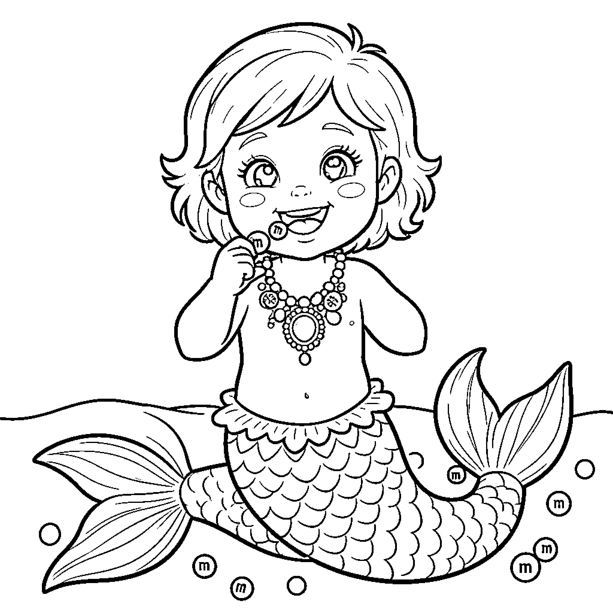 Mermaid Playing with Seashell Necklace Coloring Page (free black-and-white line drawing printable PDF for all, from beginners to advanced learners, including children, teens, adults, and seniors)