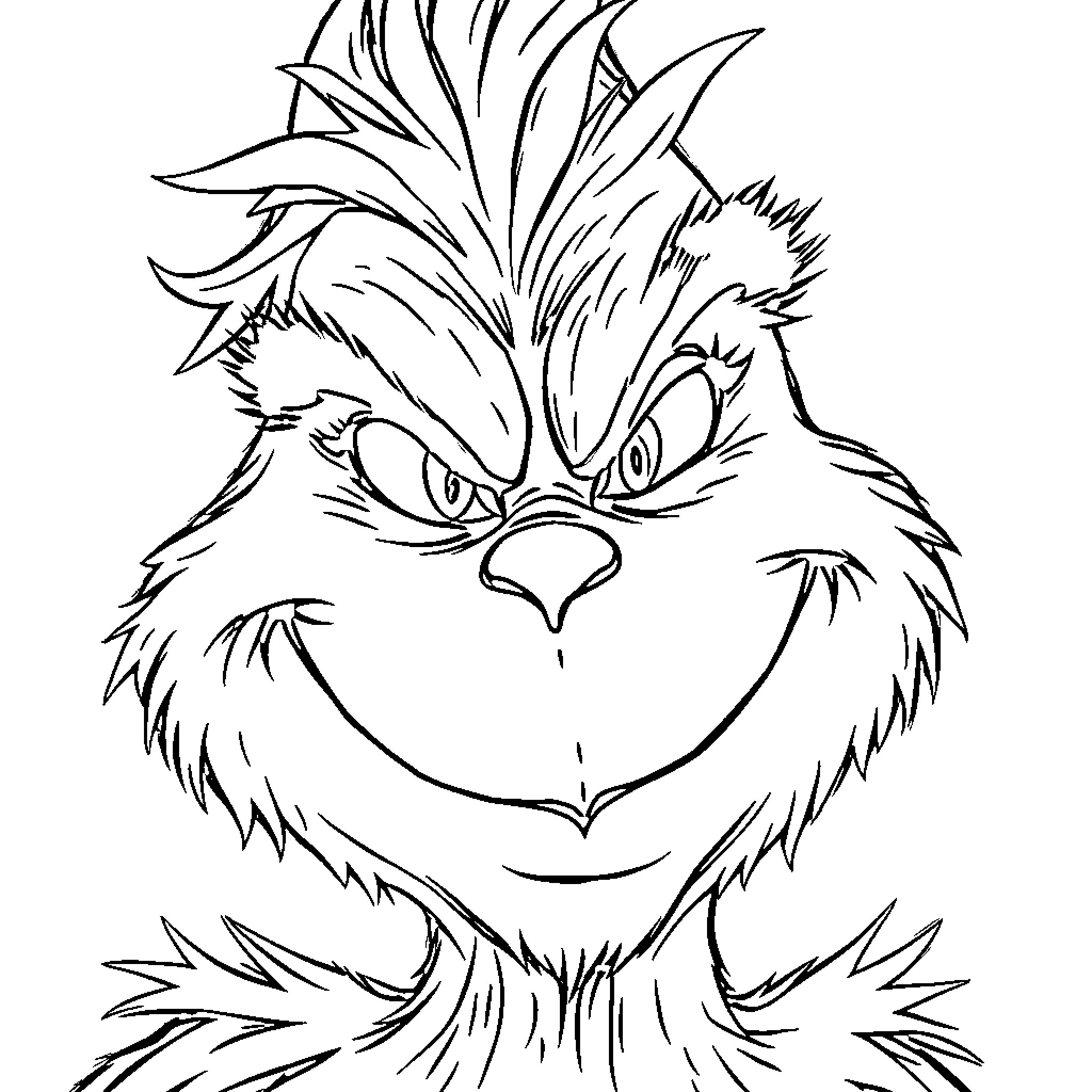 Grinch's Mischievous Facial Expression Coloring Page (free black-and-white line drawing printable PDF for all, from beginners to advanced learners, including children, teens, adults, and seniors)